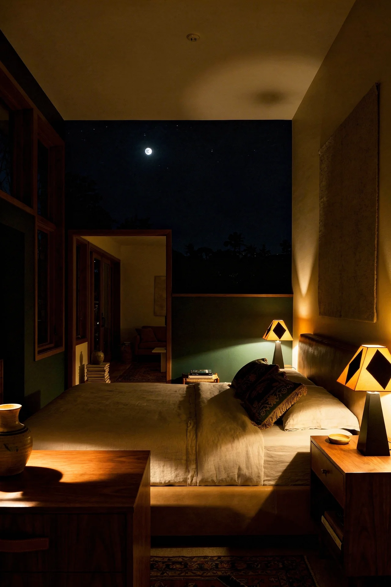 Mid Century Modern Bedroom dark green bedroom featuring Hooker Furniture Driftwood Upholstered Bed in Tan, Size Cali evening mood