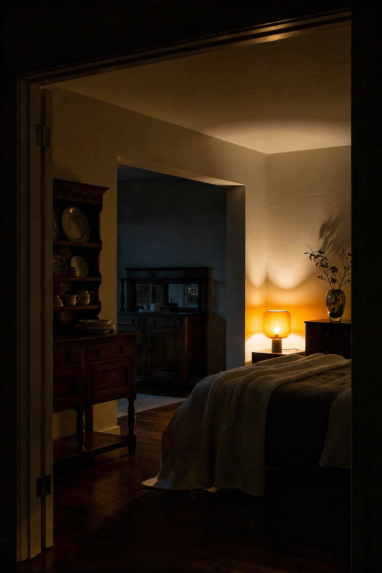 Mid Century Modern Bedroom dark wood bedroom featuring Antique George Iii Outstanding Quality Oak Welsh Dresser & O evening mood