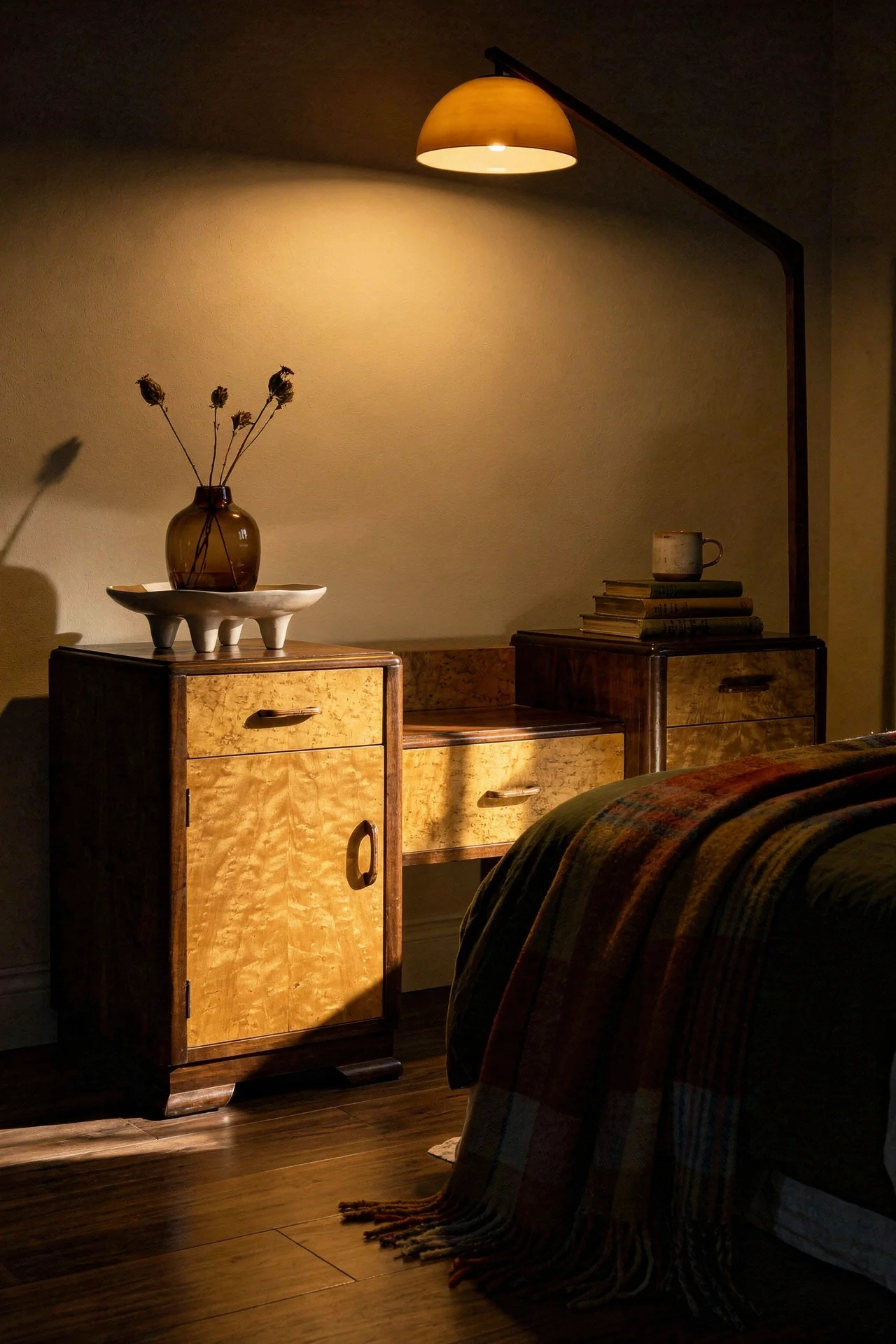 Mid Century Modern Bedroom dark wood bedroom featuring Antique English Pair Of Art Deco Birds Eye Maple & Walnut Be evening mood