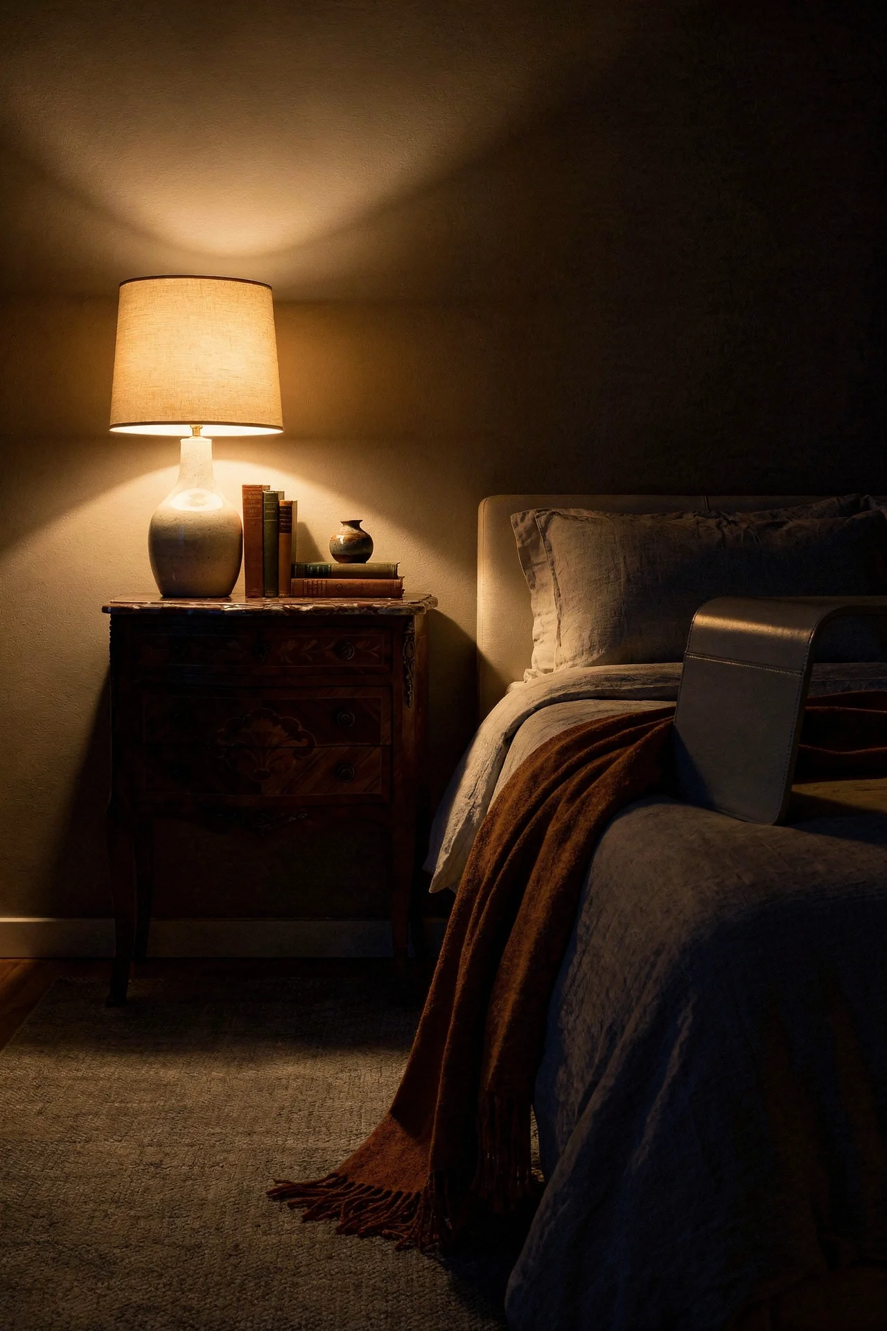 Mid Century Modern Bedroom neutral bedding featuring Pair Of Antique Quality French Kingwood Marble Top Marquetry evening mood