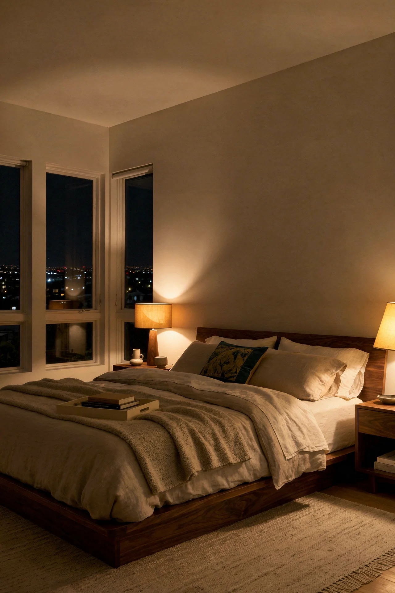 Mid Century Modern Bedroom neutral bedding featuring Coffee Table/Living Room Nightstand Modern Made Of Solid Woo evening mood