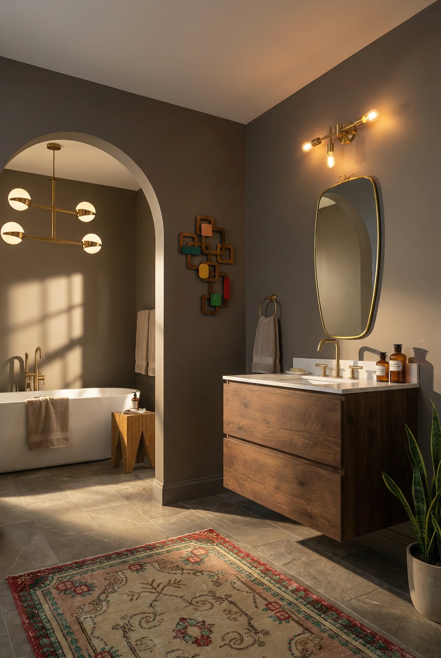 Mid Century Modern Bathroom featuring 3-light brass vanity fixture with frosted glass globes with budget 3-light matte brass bathroom vani
