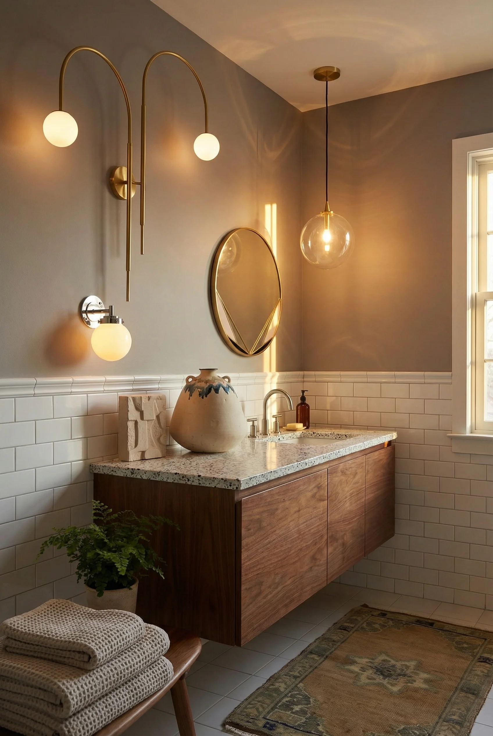 Mid Century Modern Bathroom featuring pair of brass double swing-arm adjustable globe wall sconces with glass globe pendant light in gold