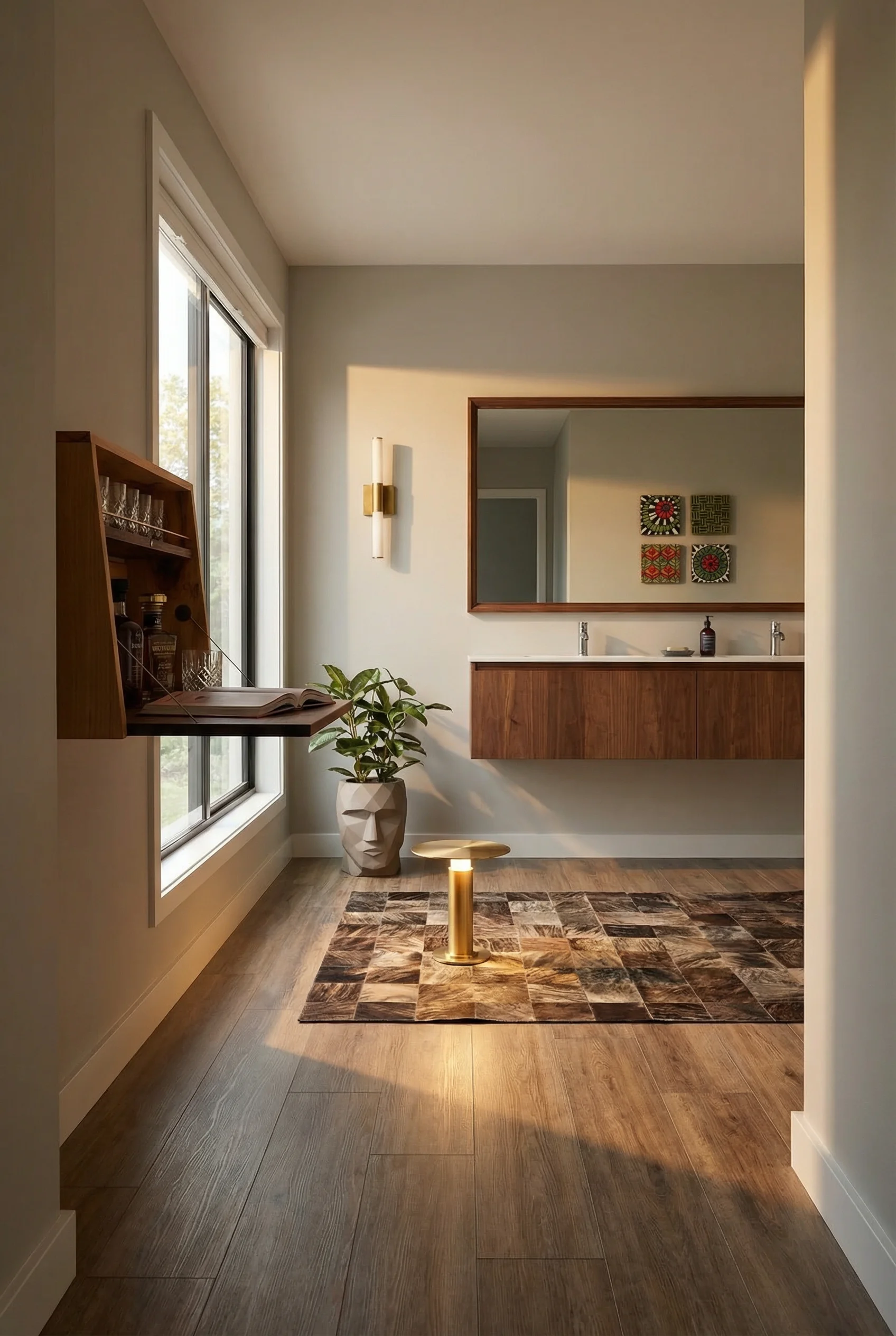 Mid Century Modern Bathroom featuring vintage brass Apollo LED wall sconce with horizontal grey walnut moment wall mirro