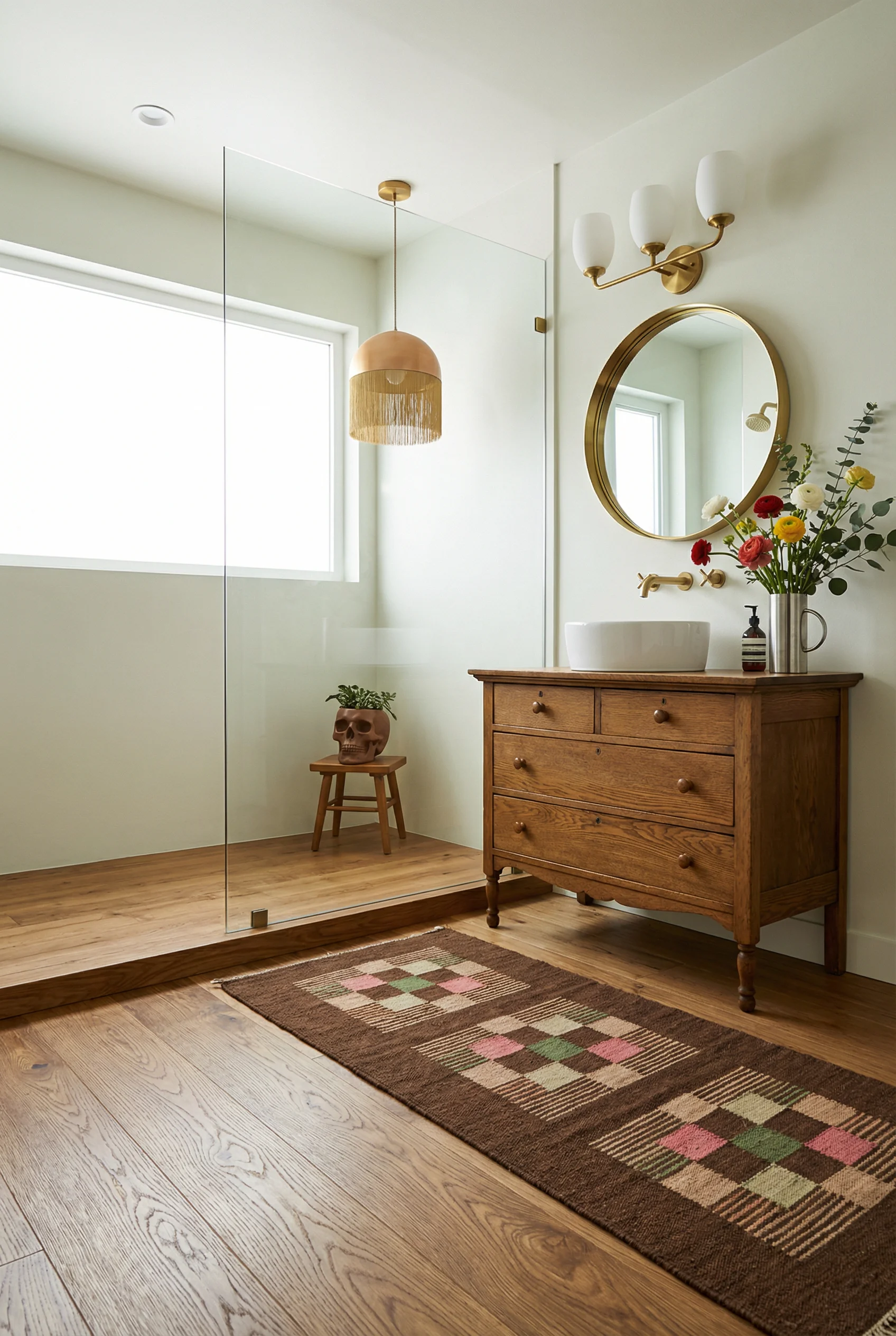 Mid Century Modern Bathroom featuring 3-light candelabra brass mid century vanity sconce with polished brass Nimbus round wall mirror