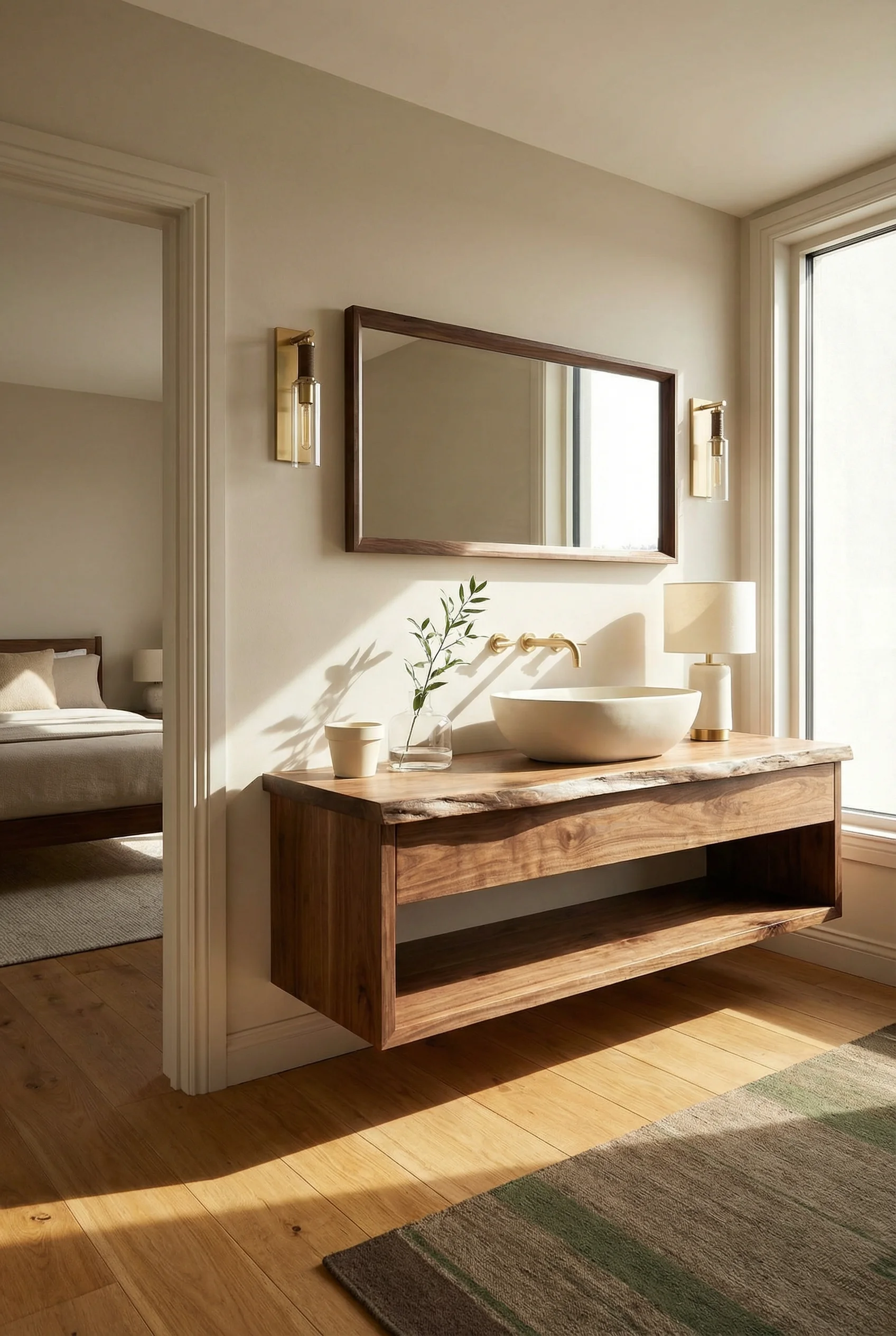 Mid Century Modern Bathroom featuring live-edge natural wood vanity with open shelf with brown and gold Eastchester wall sconce