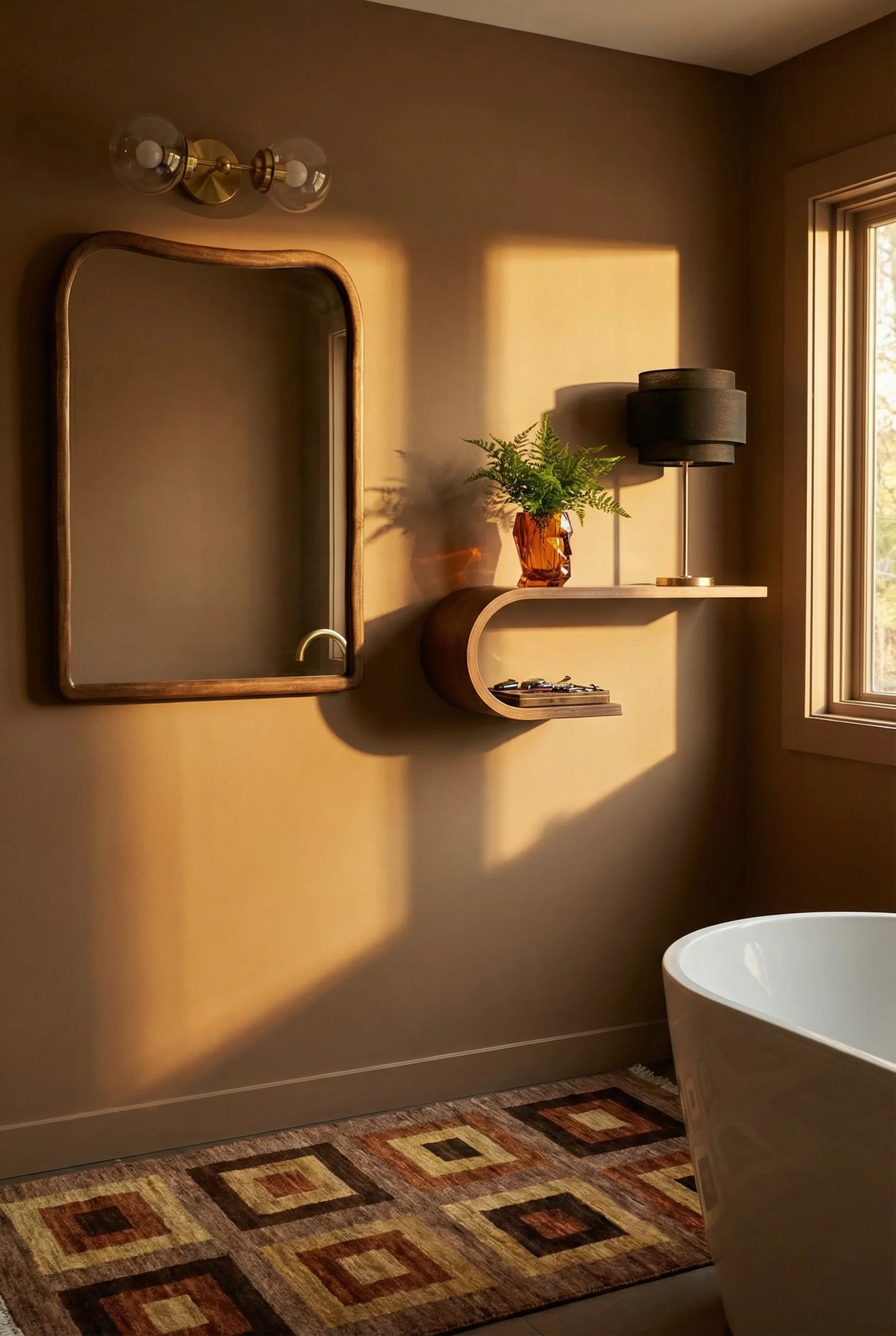 Mid Century Modern Bathroom featuring double globe brass mid century bathroom sconce with wood-framed organic-shaped mantel mirror