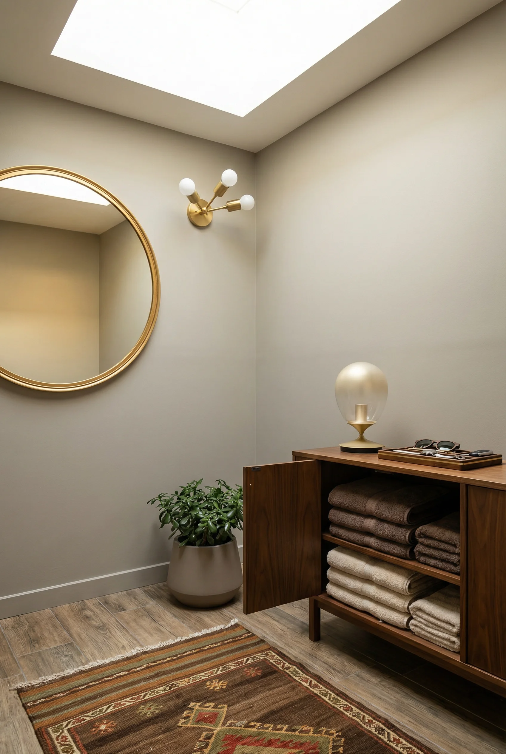 Mid Century Modern Bathroom featuring 3-light sputnik brass mid century vanity sconce with gold round Samar wall mirror