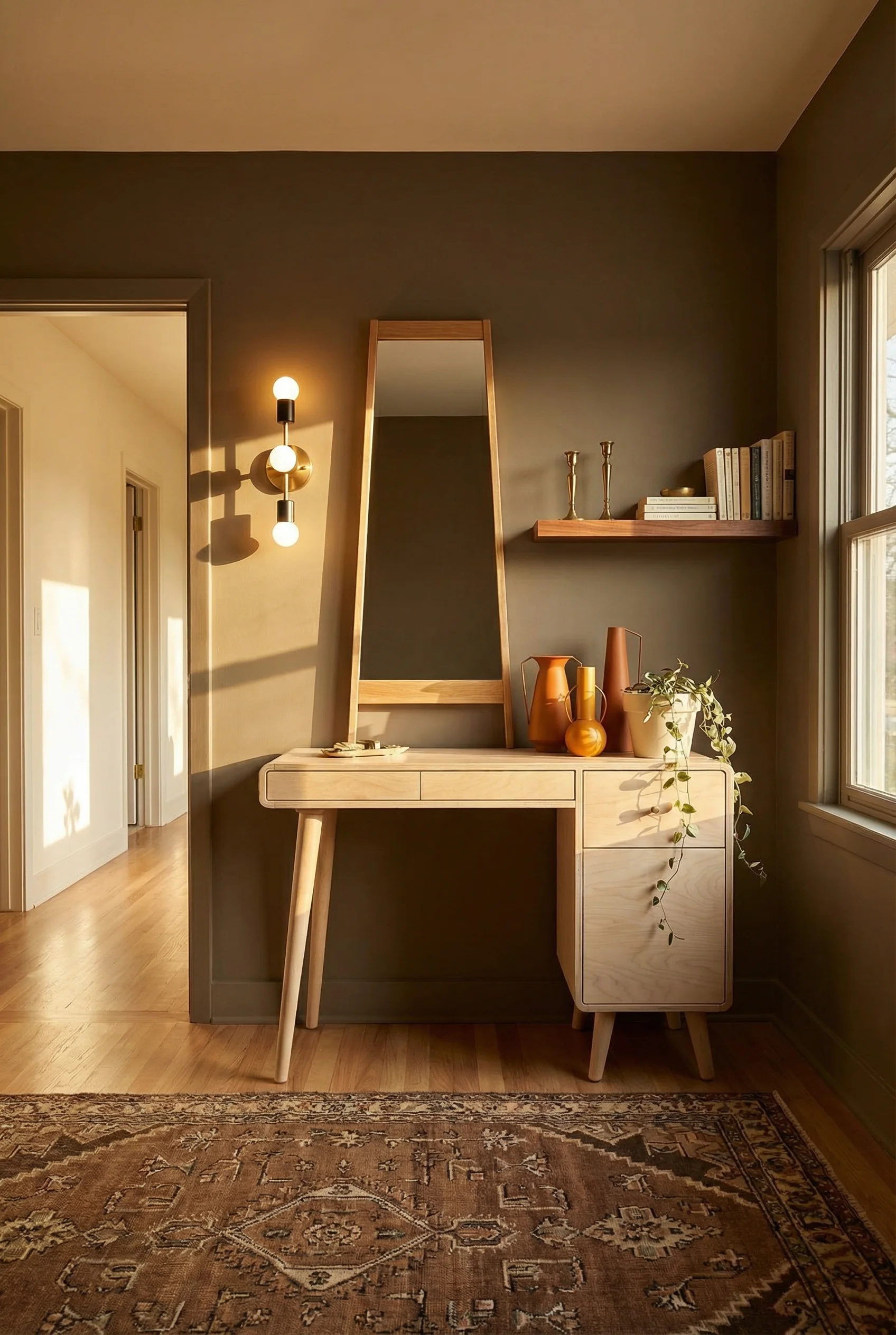 Mid Century Modern Bathroom featuring birch plywood MCM vanity desk with tapered legs with 3-light brass Brontes mid century vanity