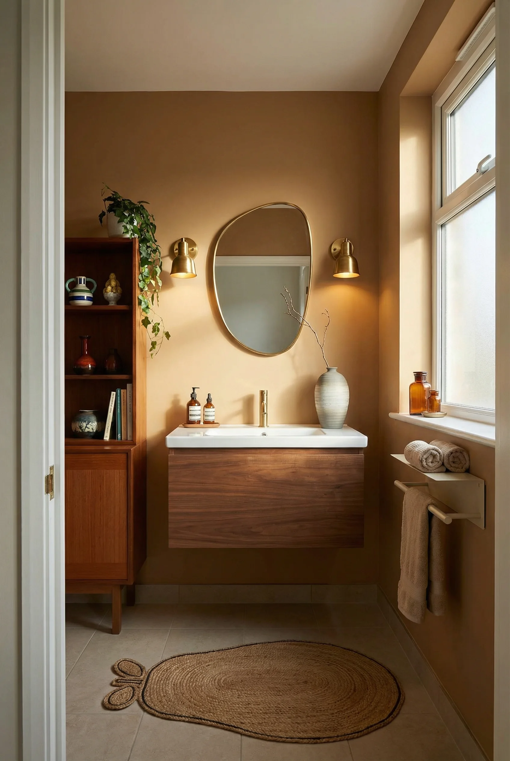 Mid Century Modern Bathroom featuring 35-inch wall-mounted walnut vanity with ceramic sink with mid century asymmetric German brass orig