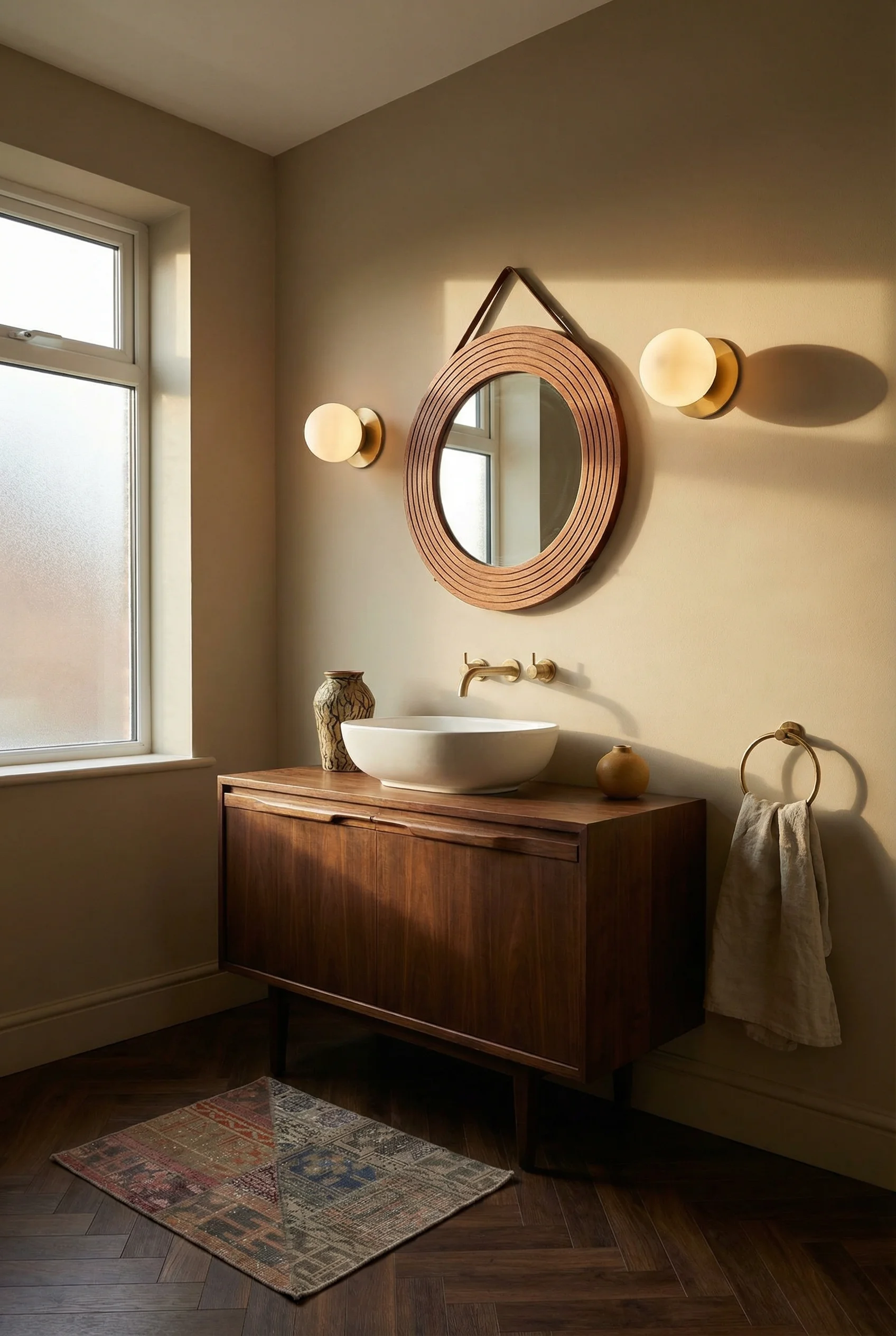 Mid Century Modern Bathroom featuring walnut bathroom vanity with large ceramic basin with 1950s elegant circular teak wall mirror