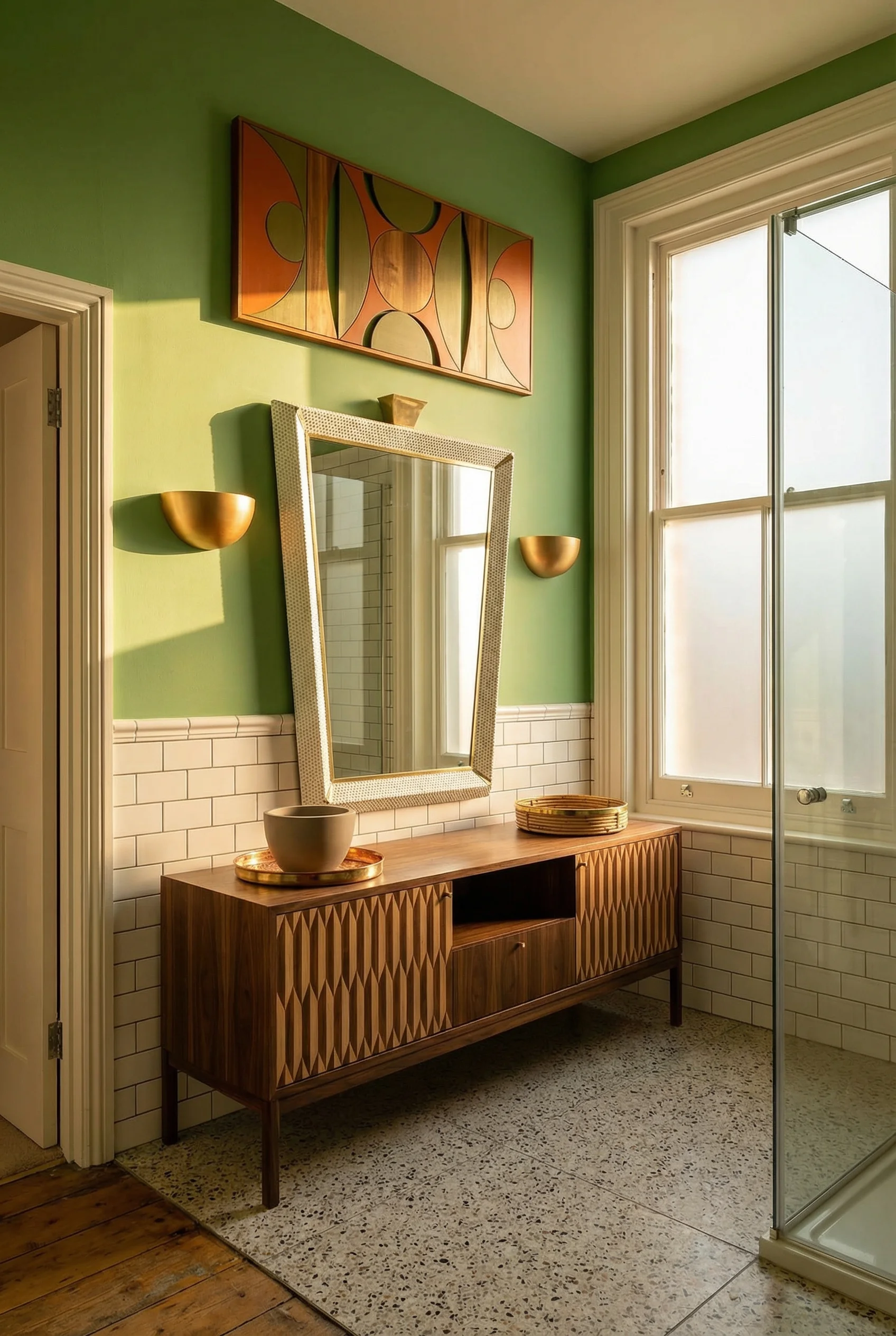 Mid Century Modern Bathroom featuring walnut vanity console with inlaid doors and tapered MCM legs with XXL illuminated brass mid century wall m
