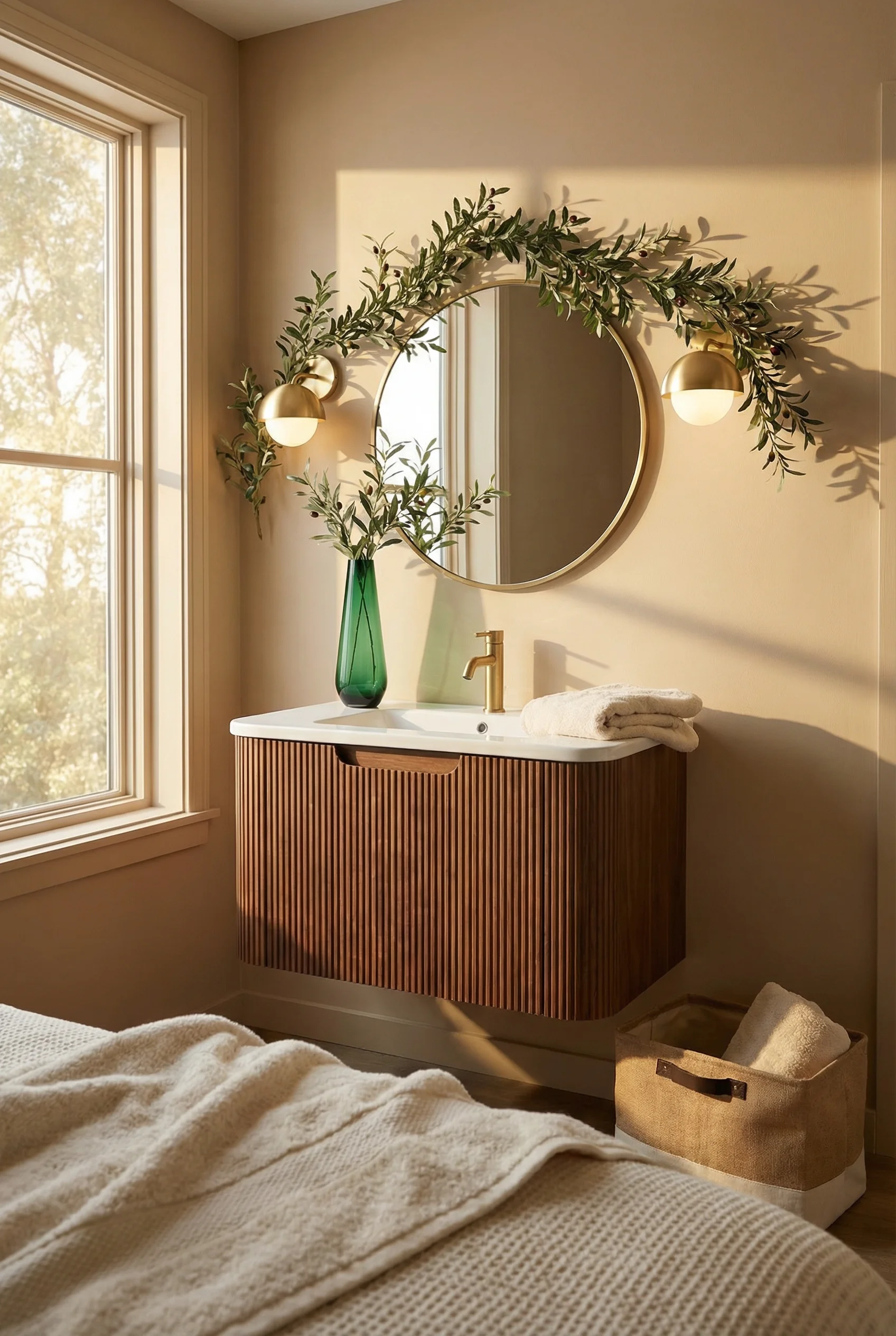 Mid Century Modern Bathroom featuring 24-inch floating walnut storage vanity with pair of brass eclipse globe wall sconces
