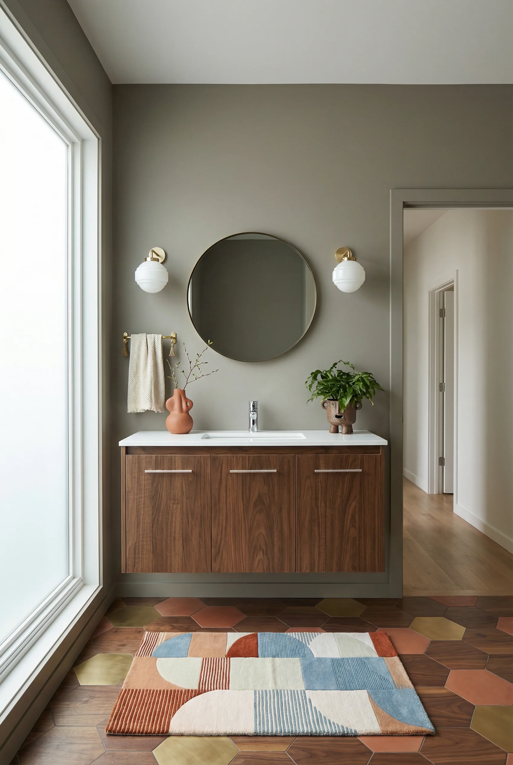 Mid Century Modern Bathroom featuring walnut single sink vanity with ceramic basin with bronze patina brass round wall mirror