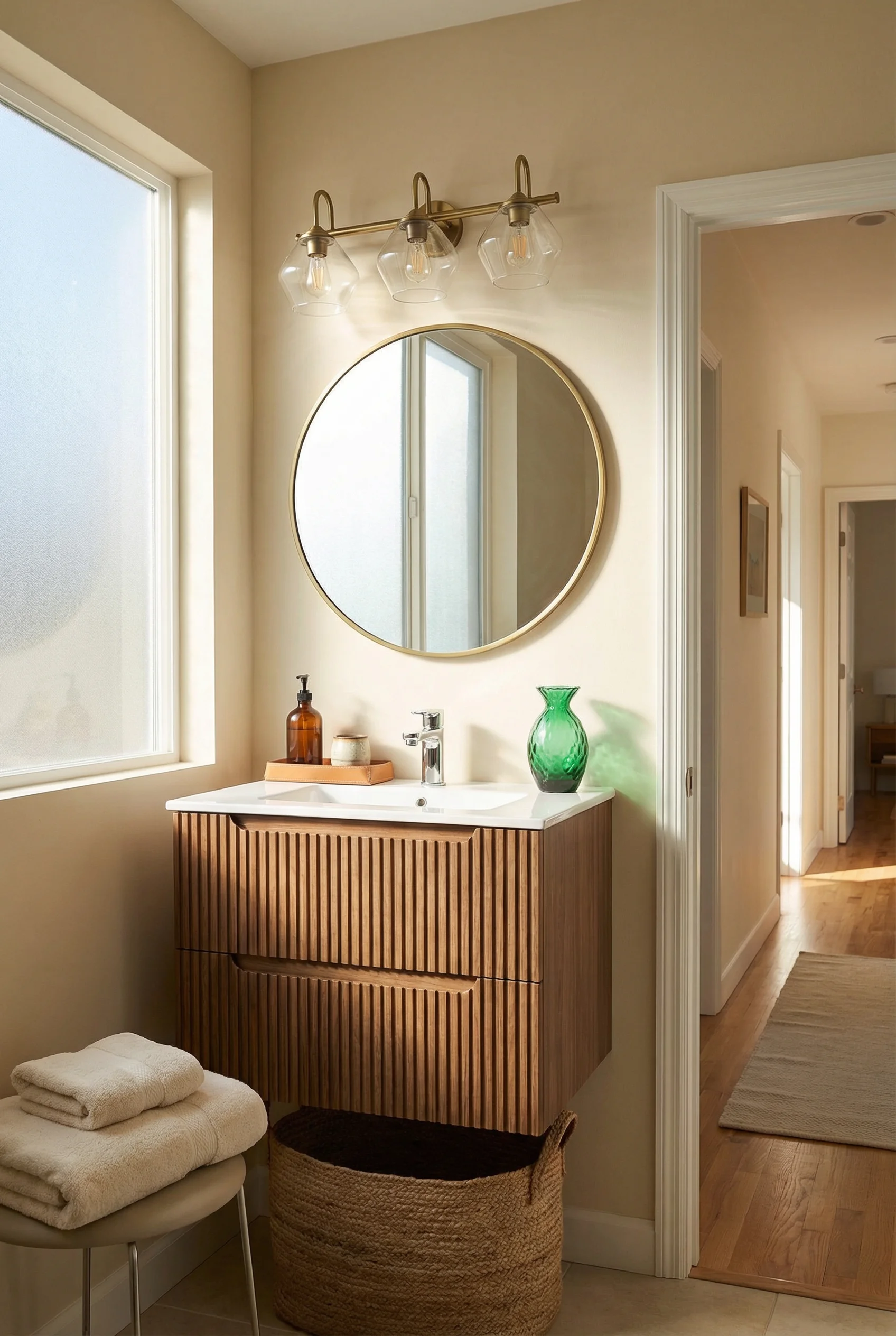 Mid Century Modern Bathroom featuring wall-mounted walnut vanity with white ceramic basin with round brass-framed wall mirror
