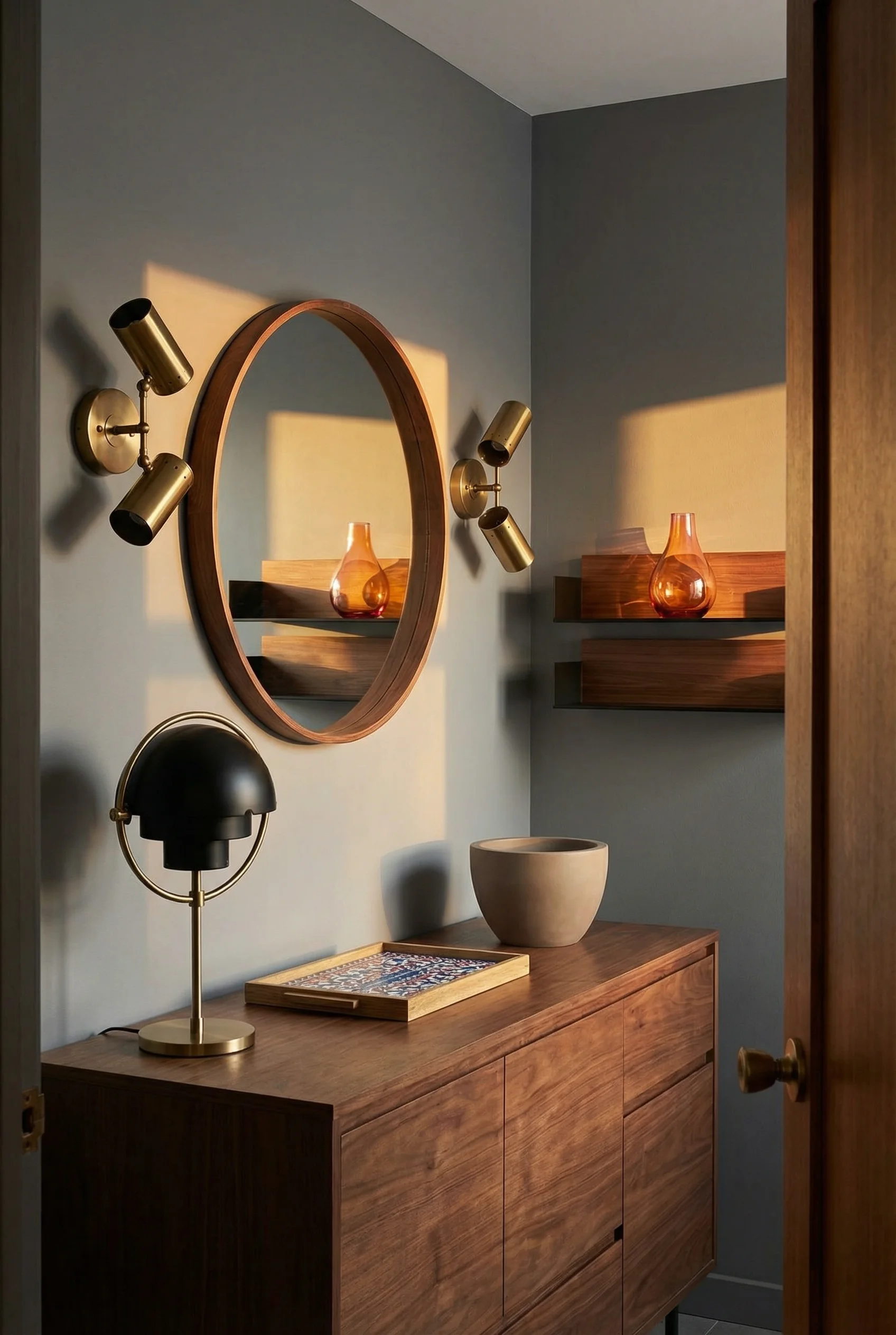 Mid Century Modern Bathroom featuring pair of Italian Stilnovo-style brass and black two-light wal with round walnut-framed wall mirror