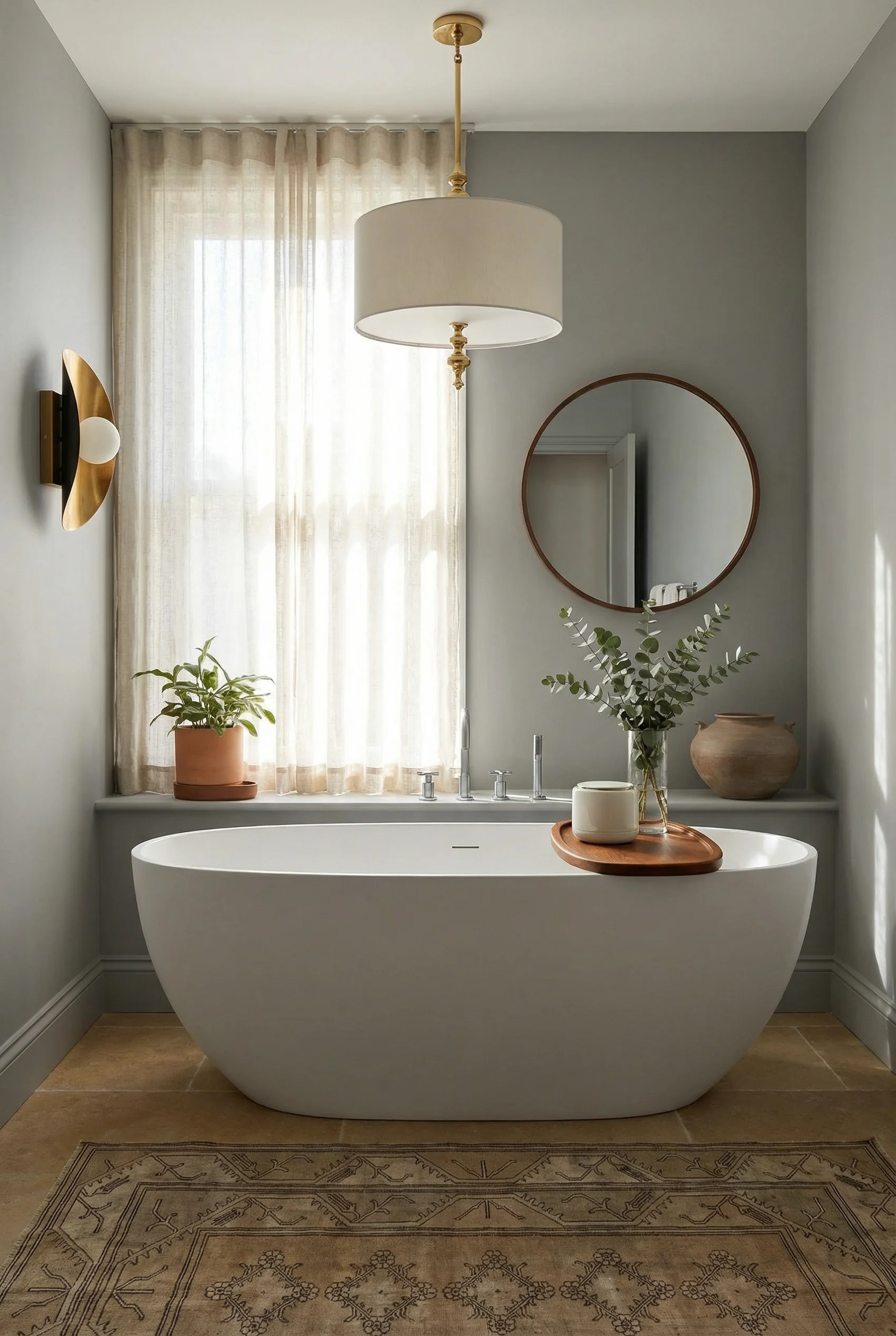 Mid Century Modern Bathroom featuring gold Hopper wall sconce at shoulder height with wood-framed circular welcome wall mirror