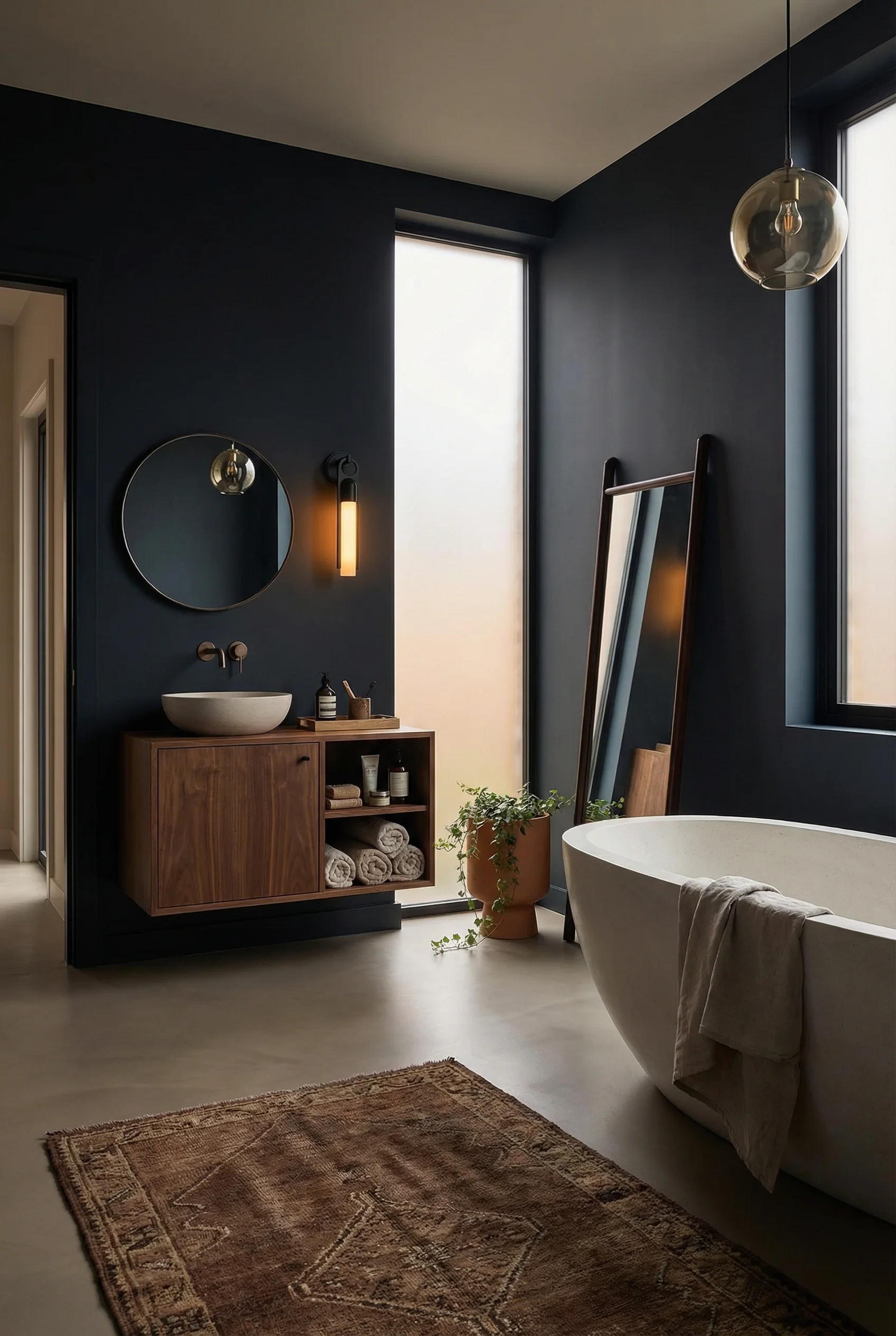 Mid Century Modern Bathroom featuring handmade wood bathroom vanity shelf with open storage with black and gold brass wall sconce casting