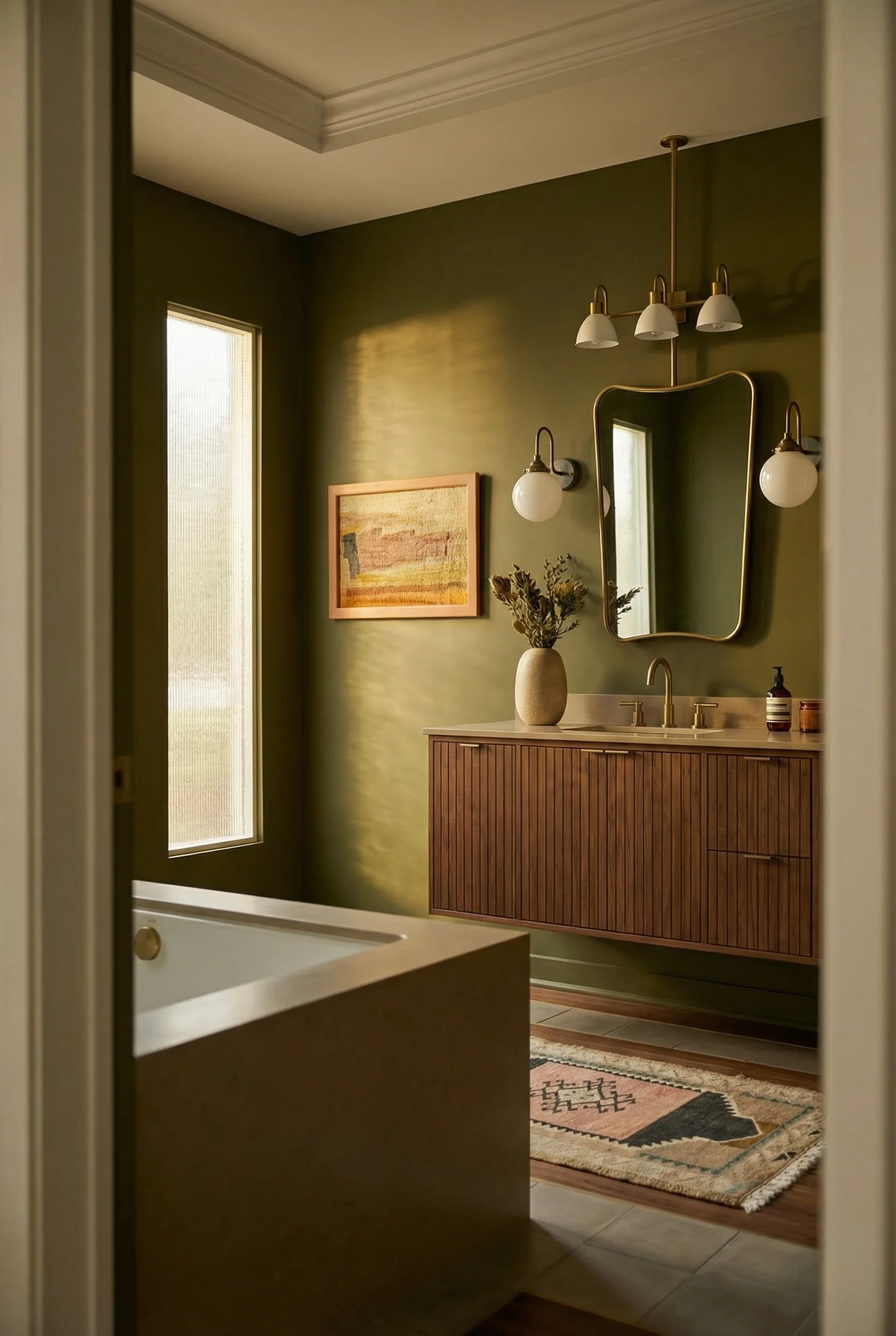 Mid Century Modern Bathroom featuring wall-mounted walnut bamboo bathroom cabinet with ceiling-suspended curved brass bathroom 