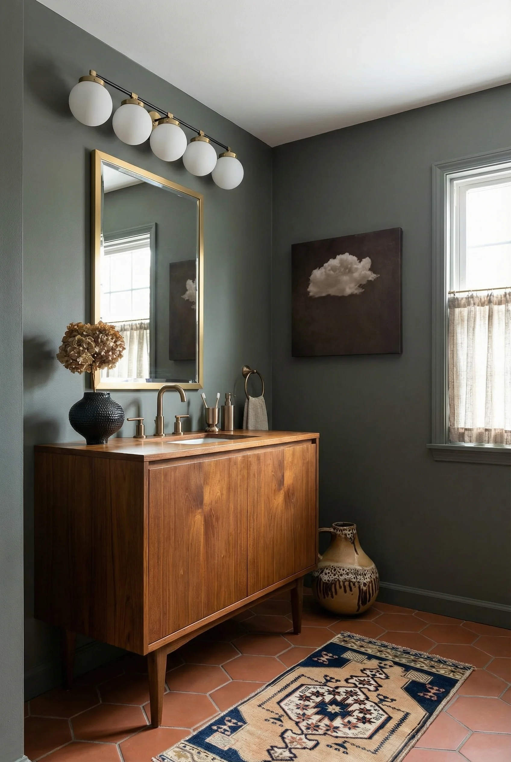 Mid Century Modern Bathroom featuring brass-framed beveled rectangular vanity mirror with abstract 5-globe mid-century brass wall 