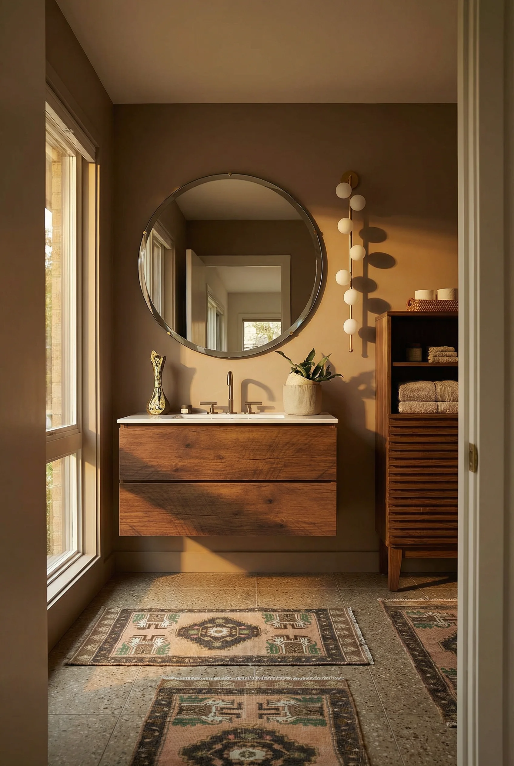 Mid Century Modern Bathroom featuring 36-inch wall-mount walnut vanity with ceramic sink with freestanding walnut bathroom storage cab