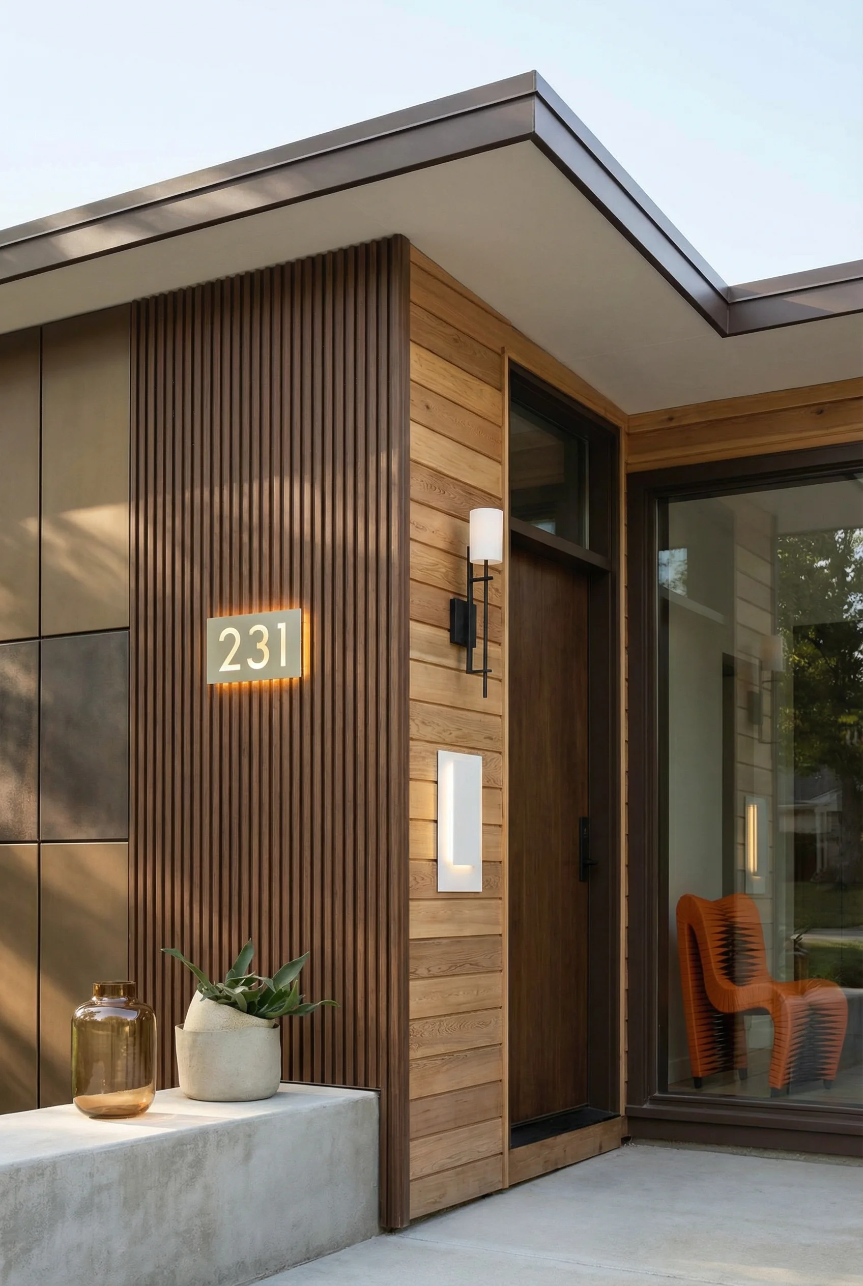 Mid century modern cladding detail featuring composite panel with aluminum reveal light and walnut chair