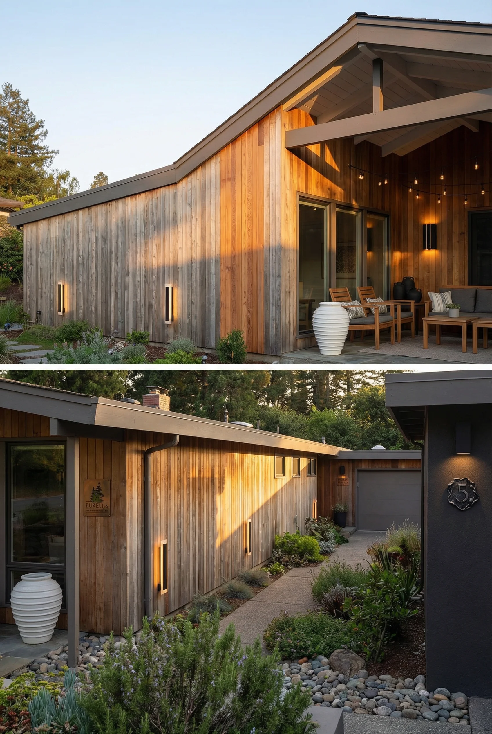 Mid century modern cedar facade featuring LED wall light with string lights and copper address sign