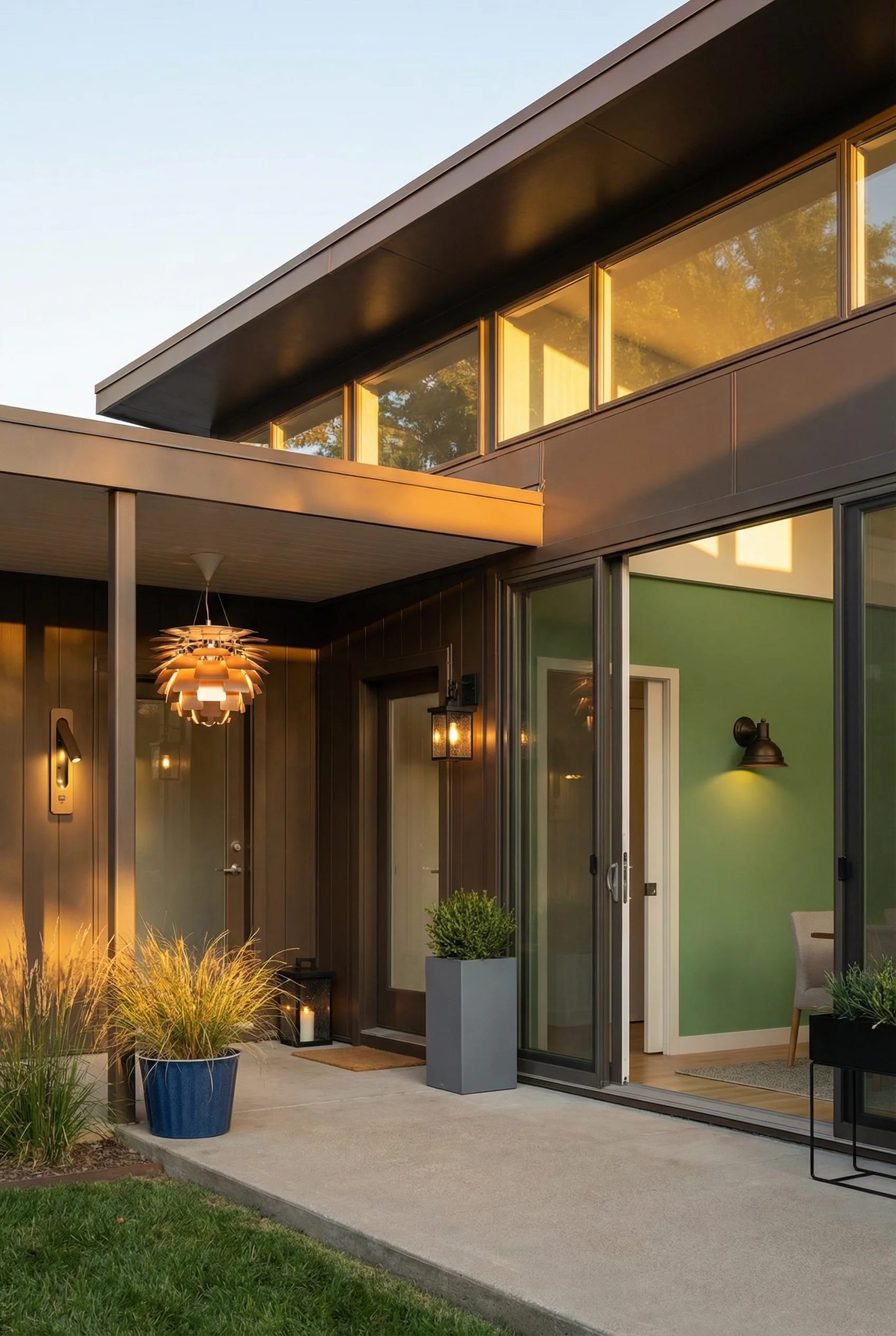Mid century modern house exterior featuring clerestory band with bronze sconce and aluvia pendant on patio
