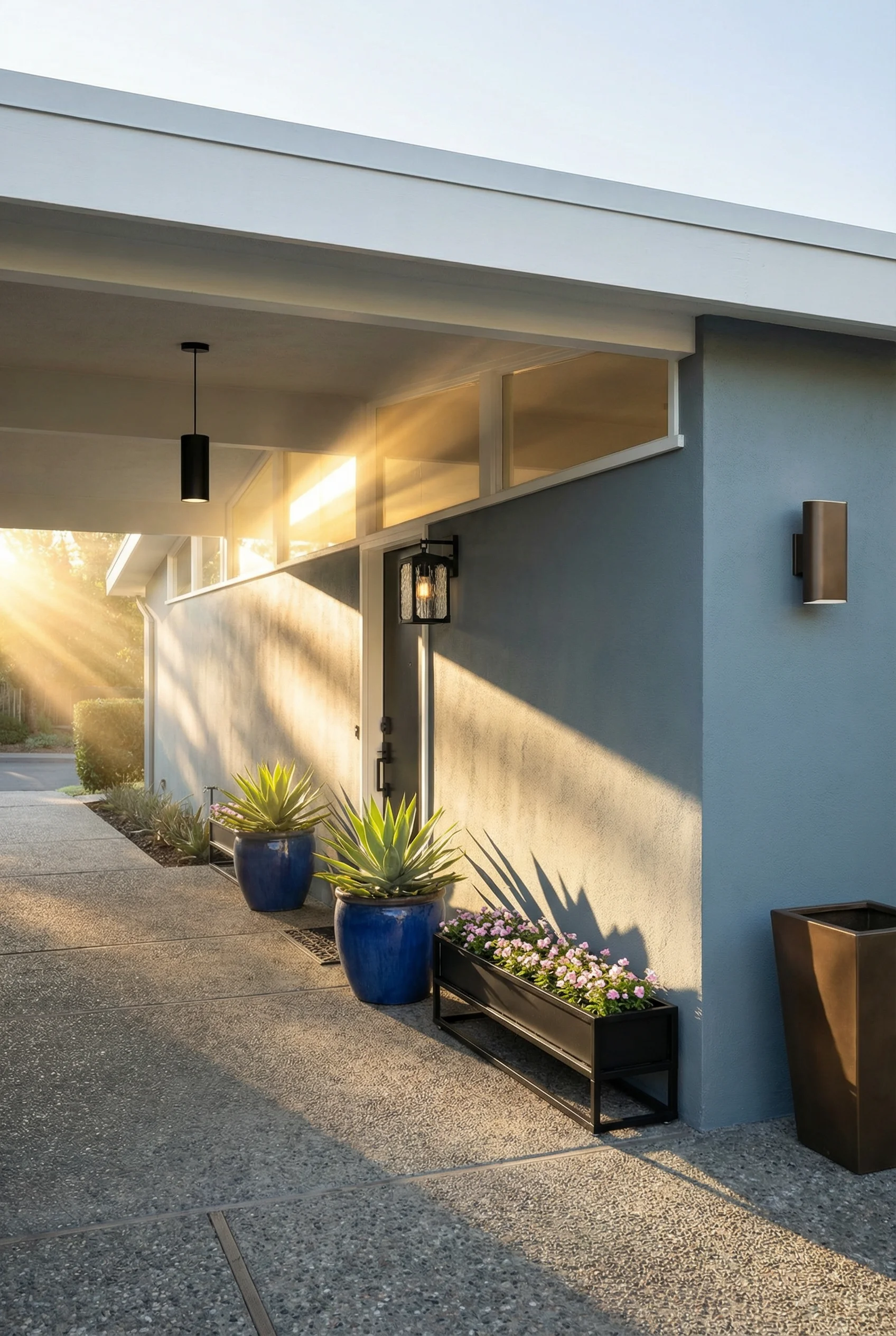 Mid century modern house exterior featuring clerestory windows with black LED pendant and blue ceramic planter