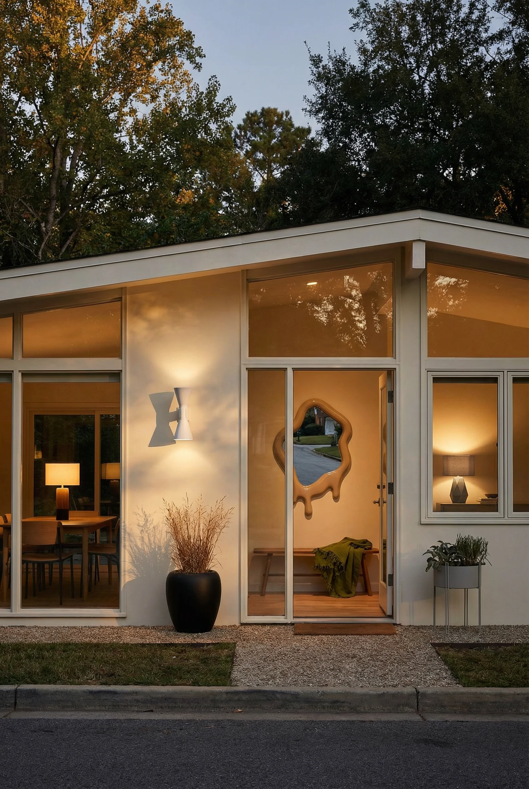 Mid century modern house exterior featuring blow planter with le corbusier sconce and warm interior glow