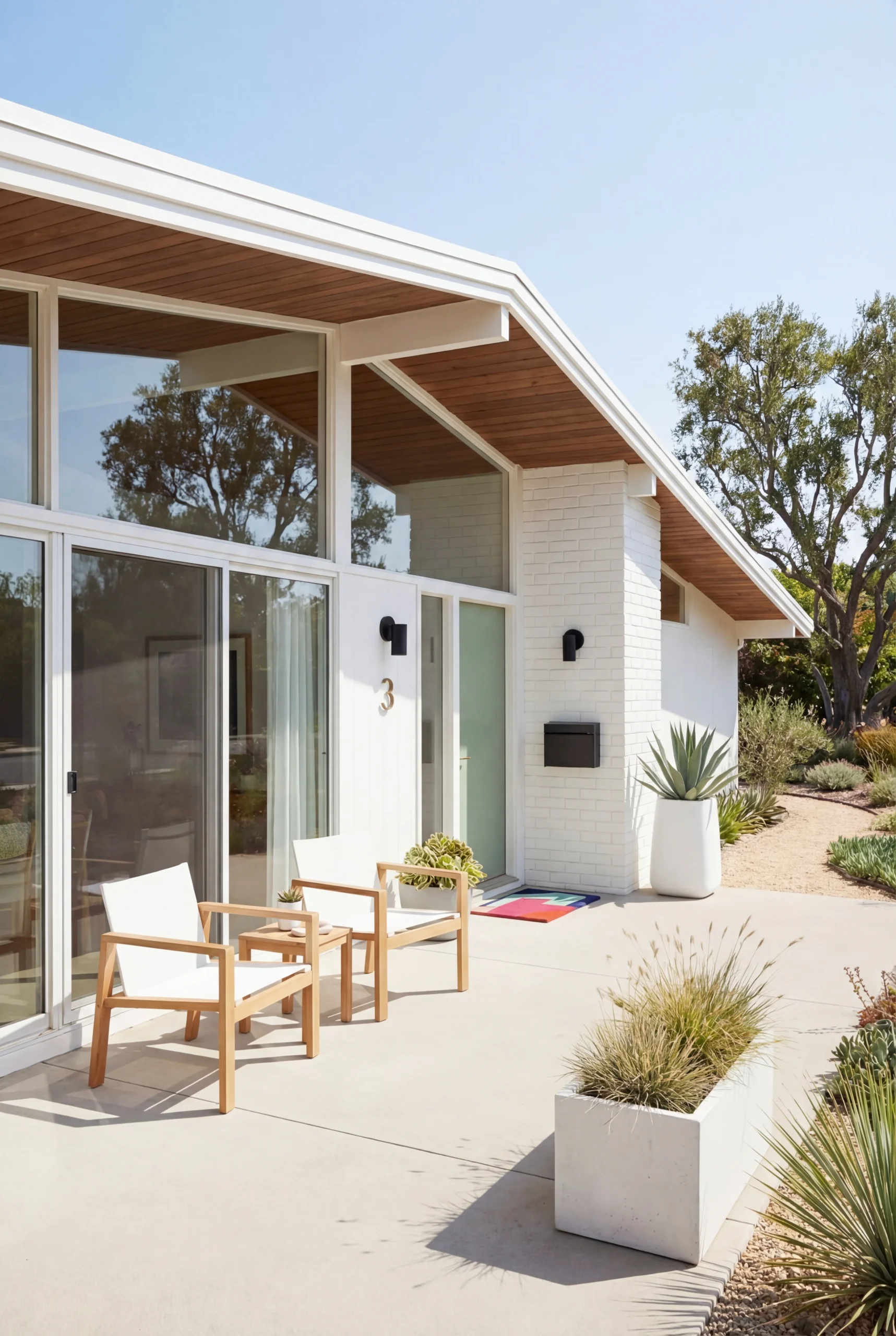 Mid century modern house exterior featuring teak club chair with white resin planter and green accent door