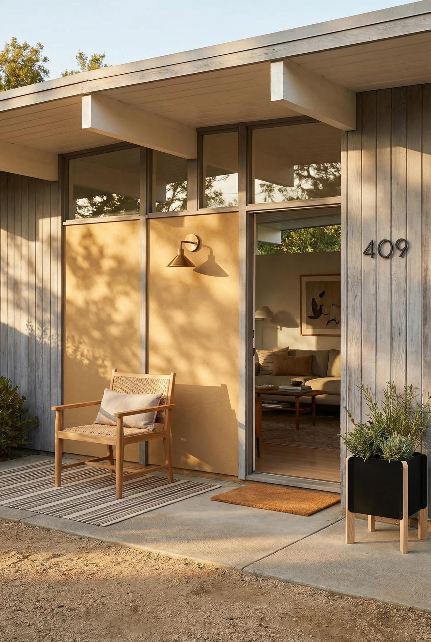Mid century modern house exterior featuring teak outdoor lounge chair with brass wall sconce and ochre stucco