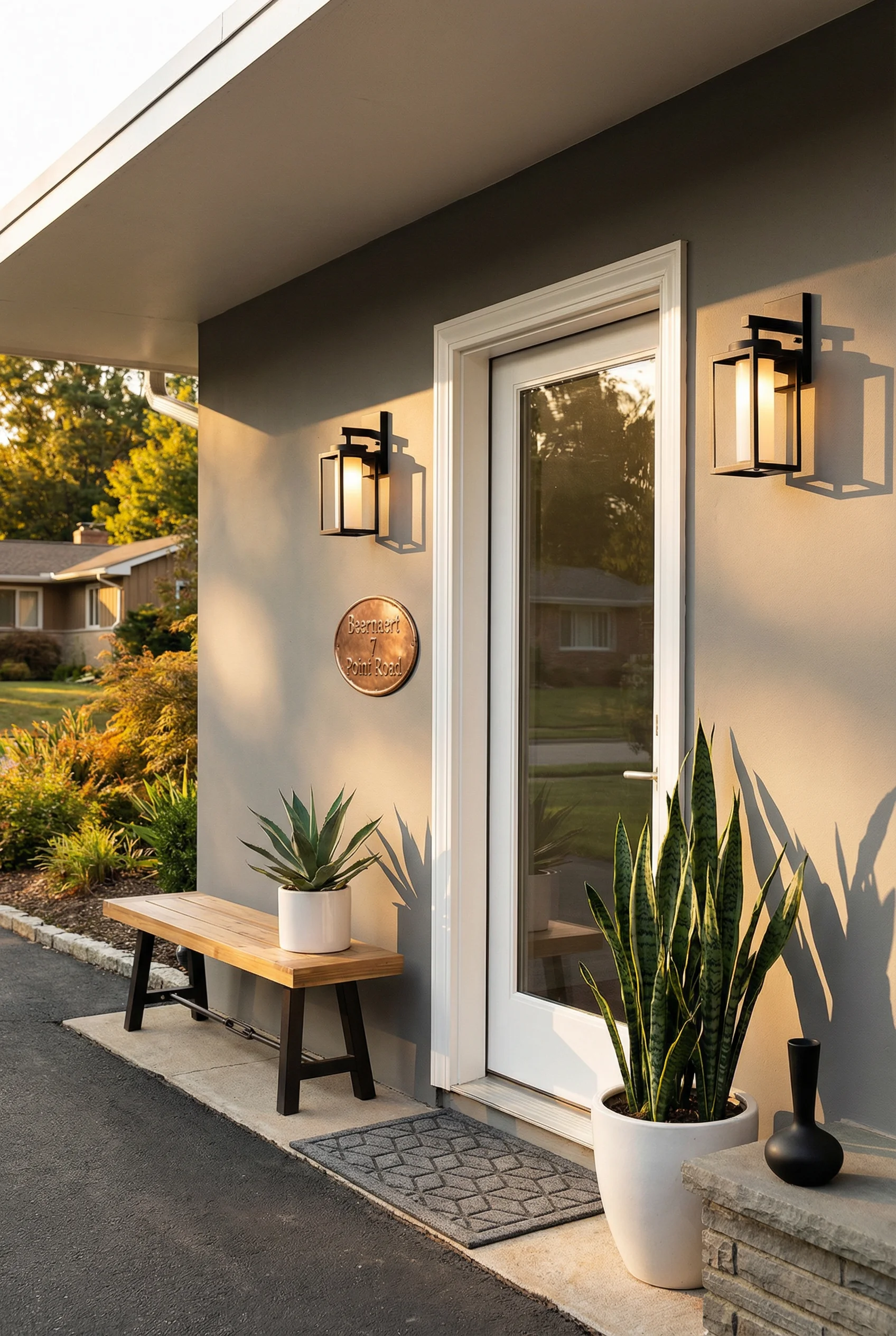 Mid century modern front door featuring hammered copper address plaque with teak dining bench on grey facade