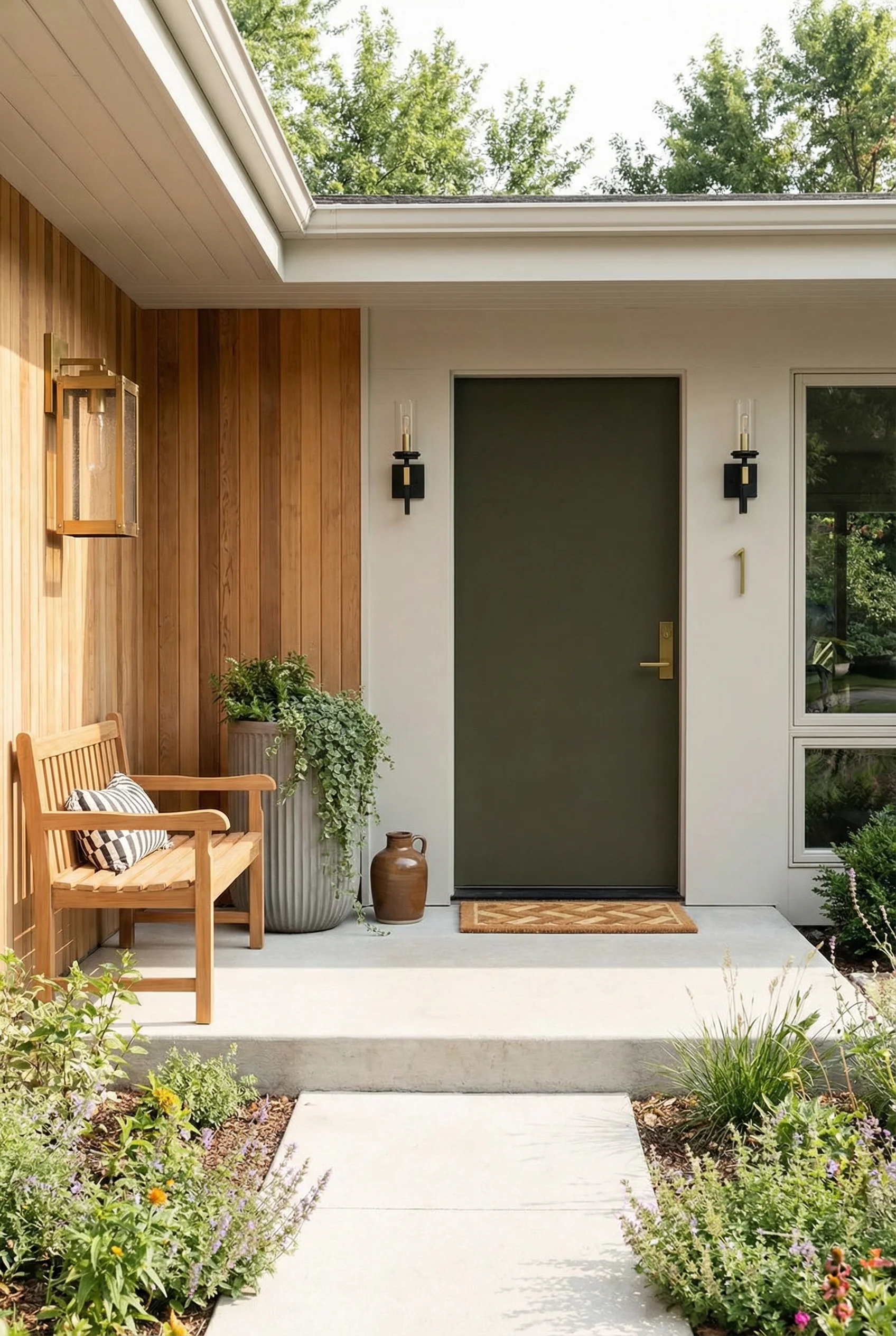 Mid century modern front door featuring teak outdoor bench with brass house numbers and olive green door