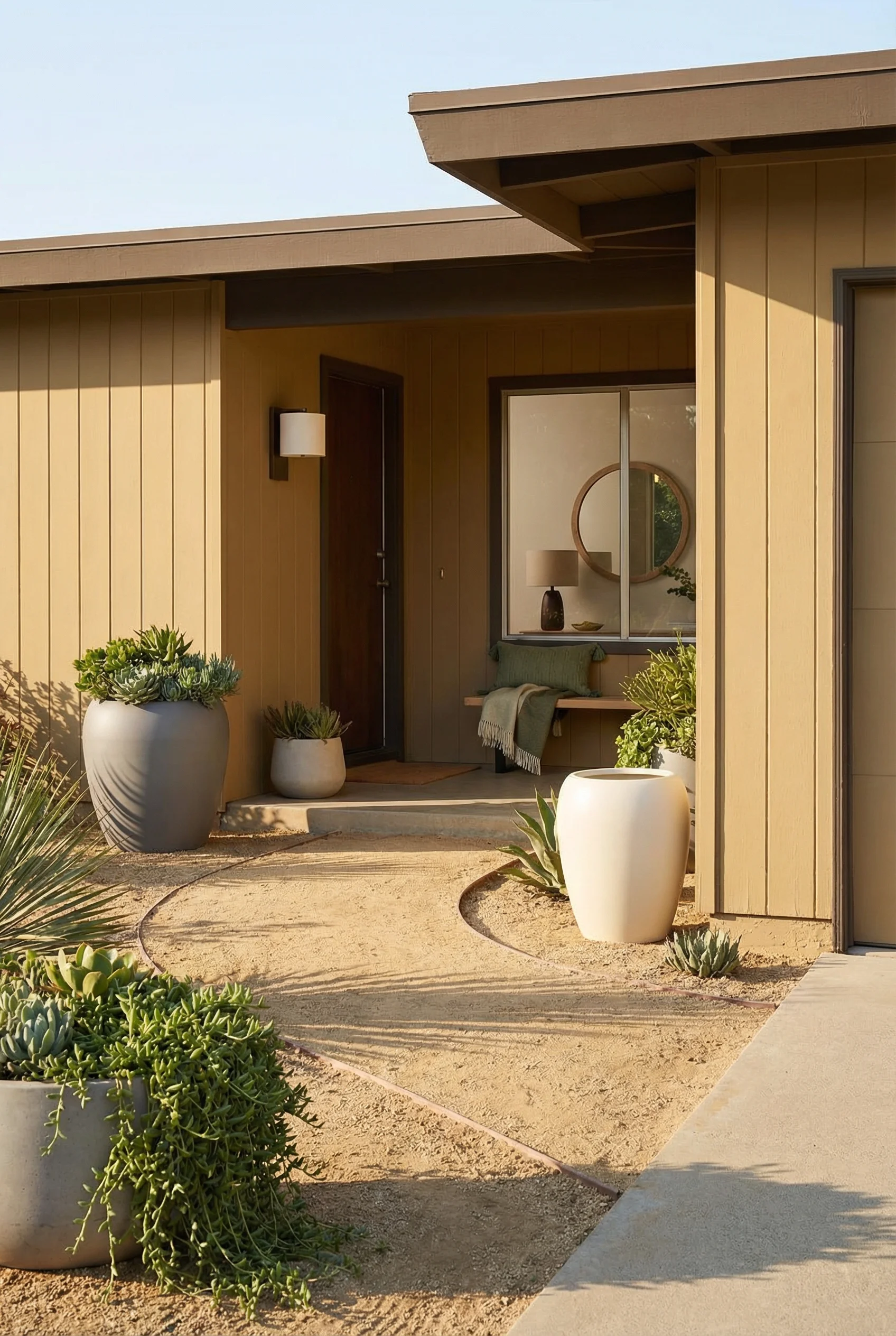 Mid century modern front yard featuring gray iron tackett planter with ivory blow planter on walkway