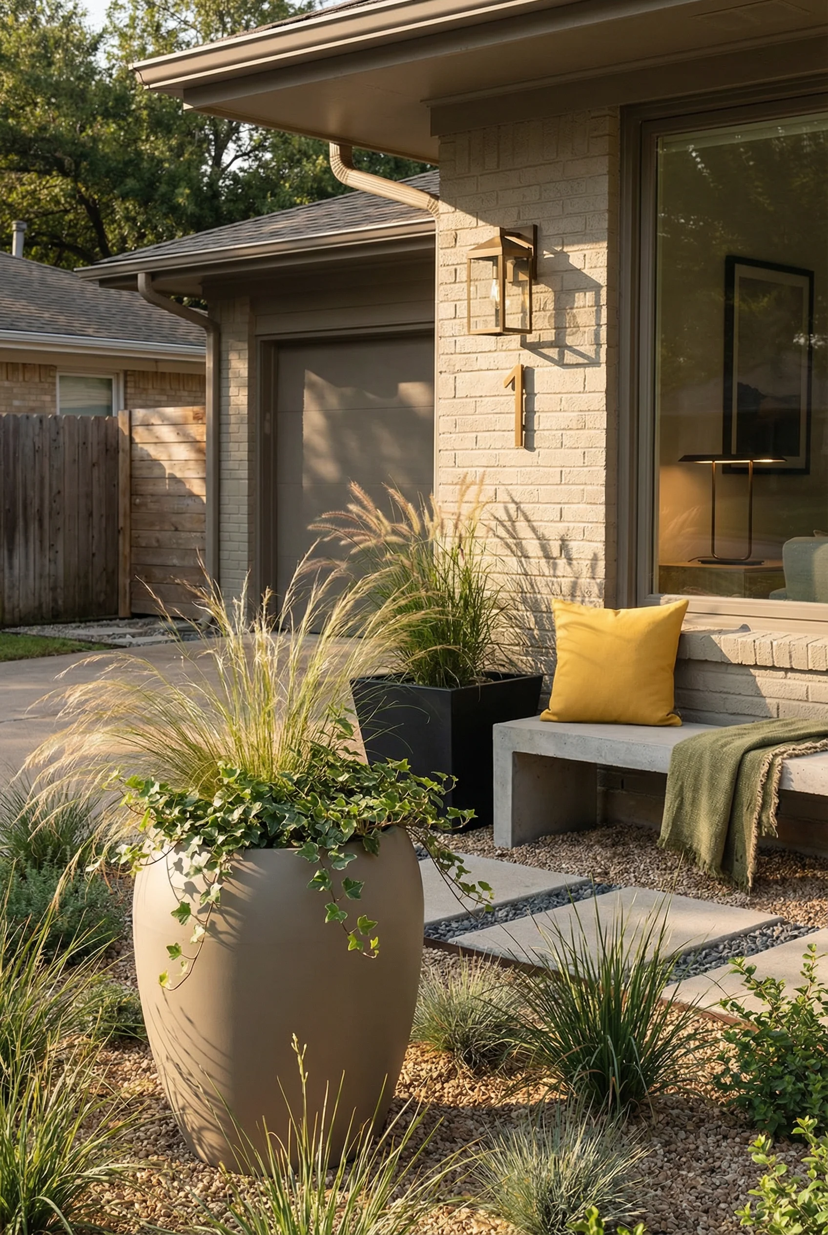 Mid century modern front yard landscaping featuring taupe curved planter with antique brass house numbers