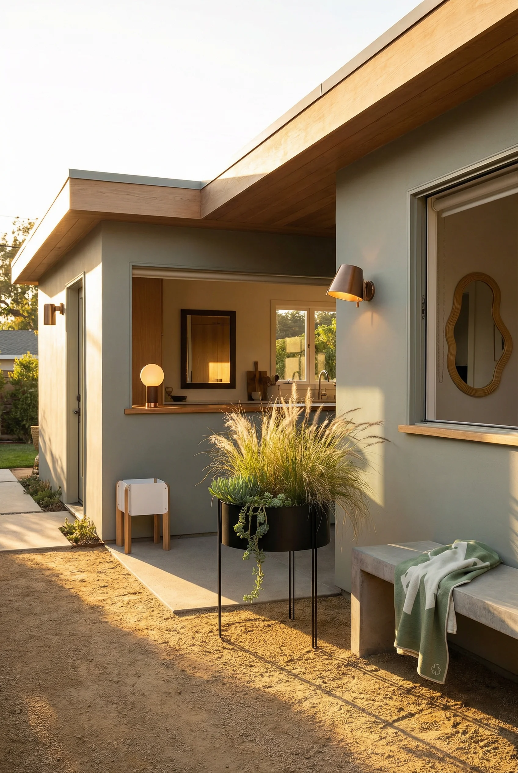 Mid century modern side garden featuring black scandinavian planter with bronze melampo wall light