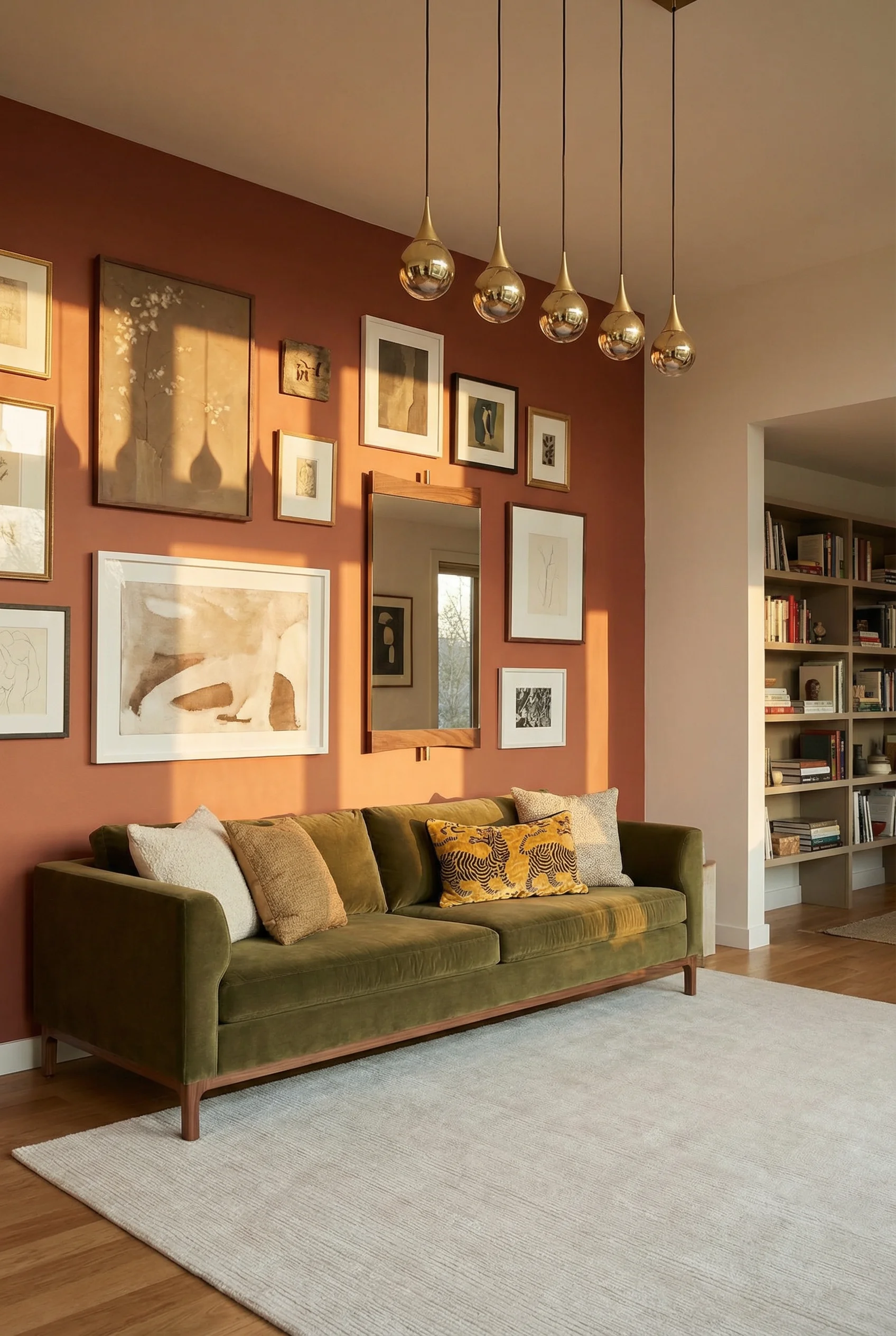 Mid century modern living room eclectic gallery wall featuring olive green sofa with gold globe pendant