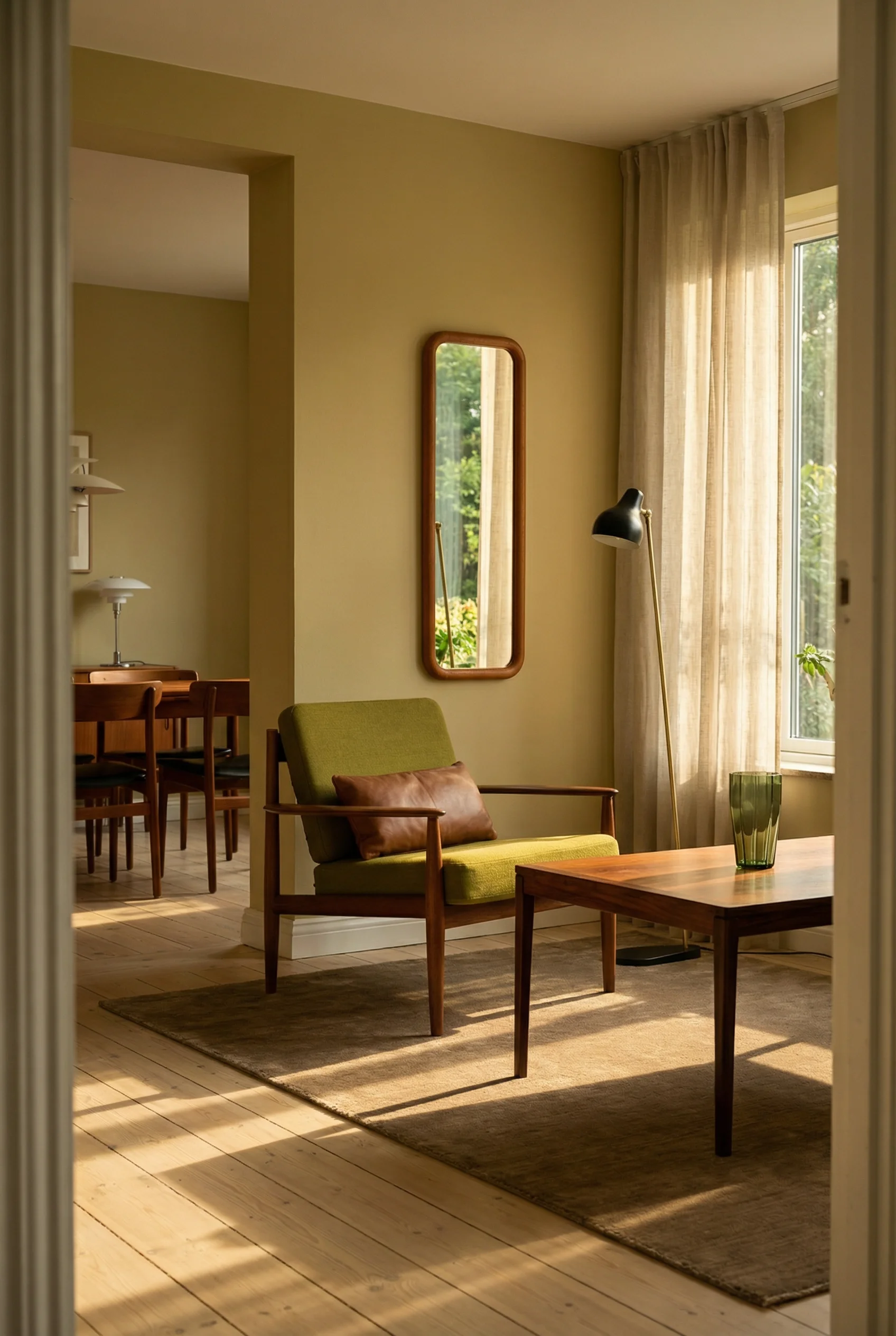 Mid century modern open concept living room featuring vintage teak lounge chair with rosewood Danish coffee table