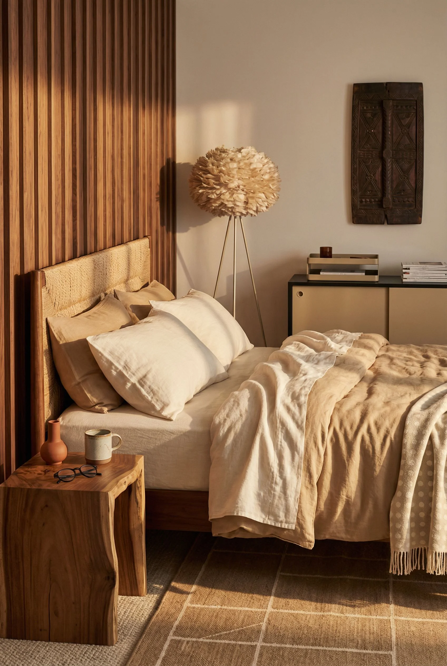 Mid Century Modern Bedroom wood accent wall featuring Bernhardt Alannis Woven Panel Bed in Tan, Size King