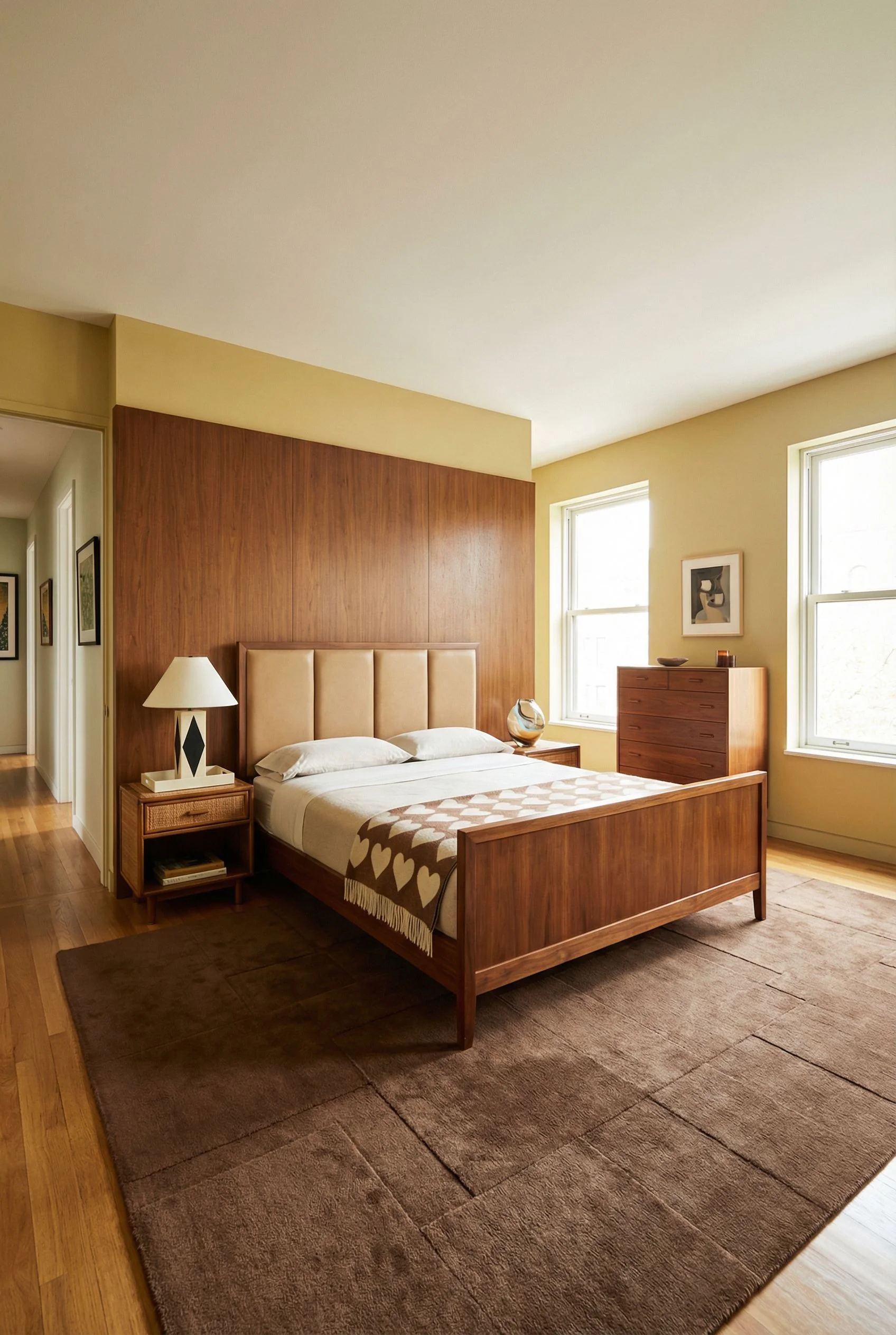 Mid Century Modern Bedroom wood accent wall featuring Bernhardt Axiom Upholstered Panel Bed with Wooden Footboard 