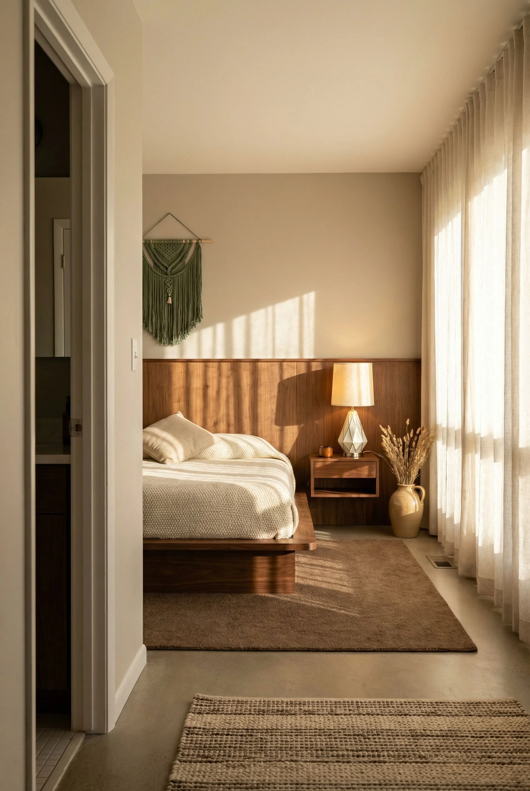 Mid Century Modern Bedroom wood accent wall featuring Wild Walnut Platform Bed With Floating Night Stands