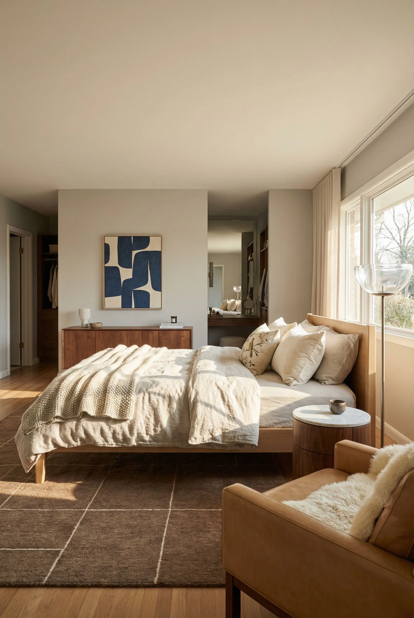 Mid Century Modern Bedroom warm bedroom aesthetic featuring Handmade White Oak Queen Bed Frame Mid-Century Modern Bedroo