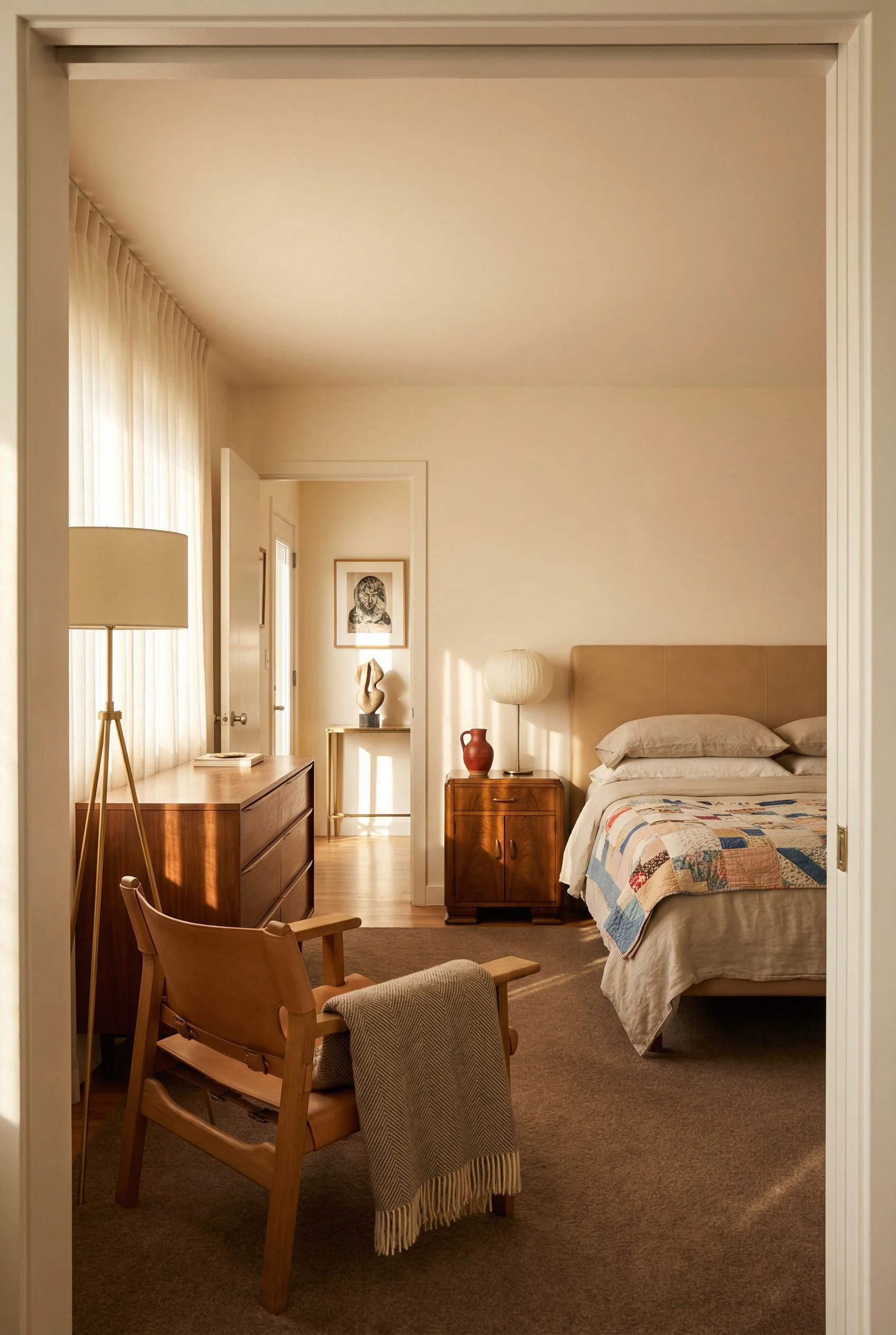 Mid Century Modern Bedroom warm bedroom aesthetic featuring Hooker Furniture Driftwood Upholstered Bed in Tan, Size King