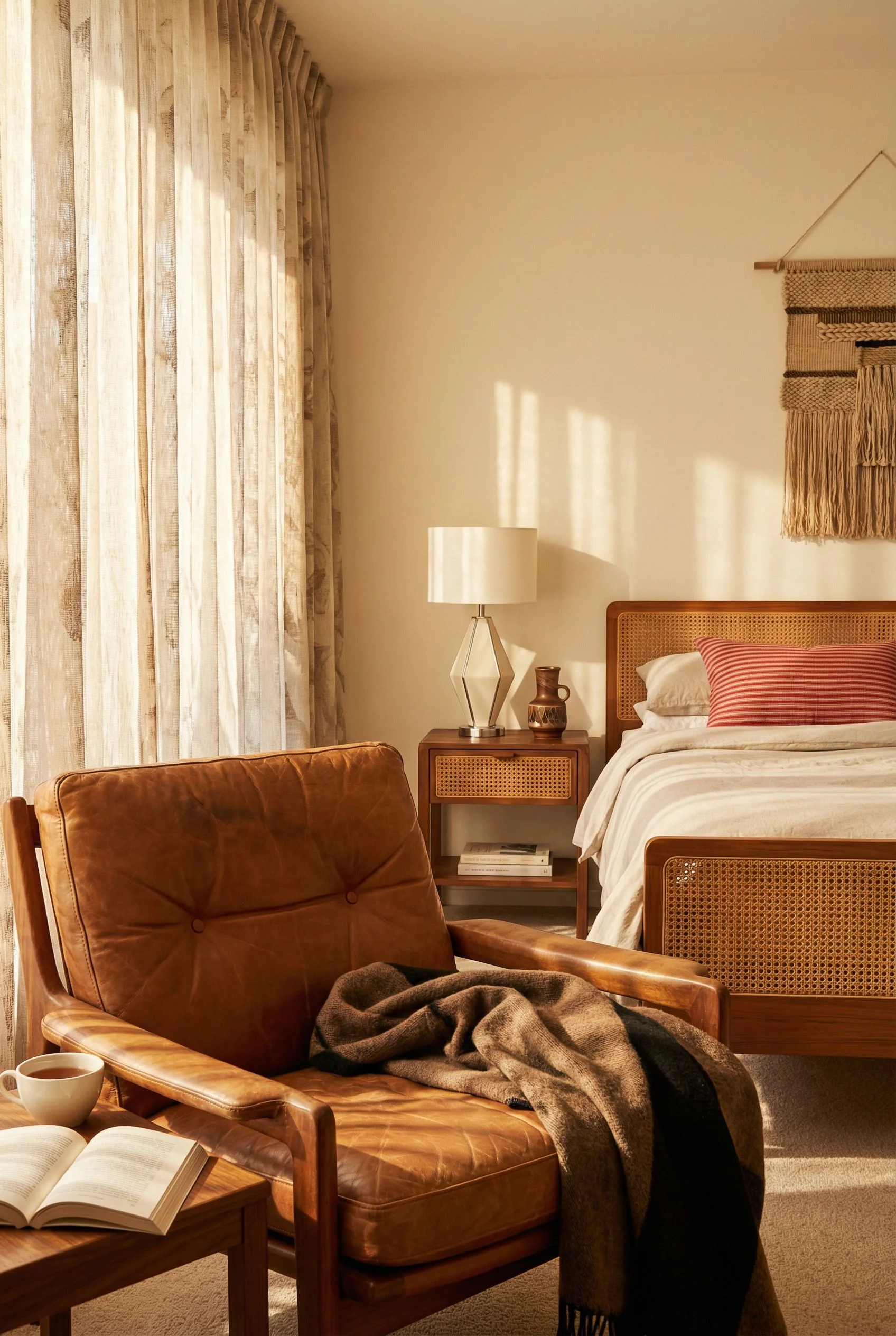 Mid Century Modern Bedroom warm bedroom aesthetic featuring Hans J. Wegner Double Bed in Teak & Cane For Getama, 1960S