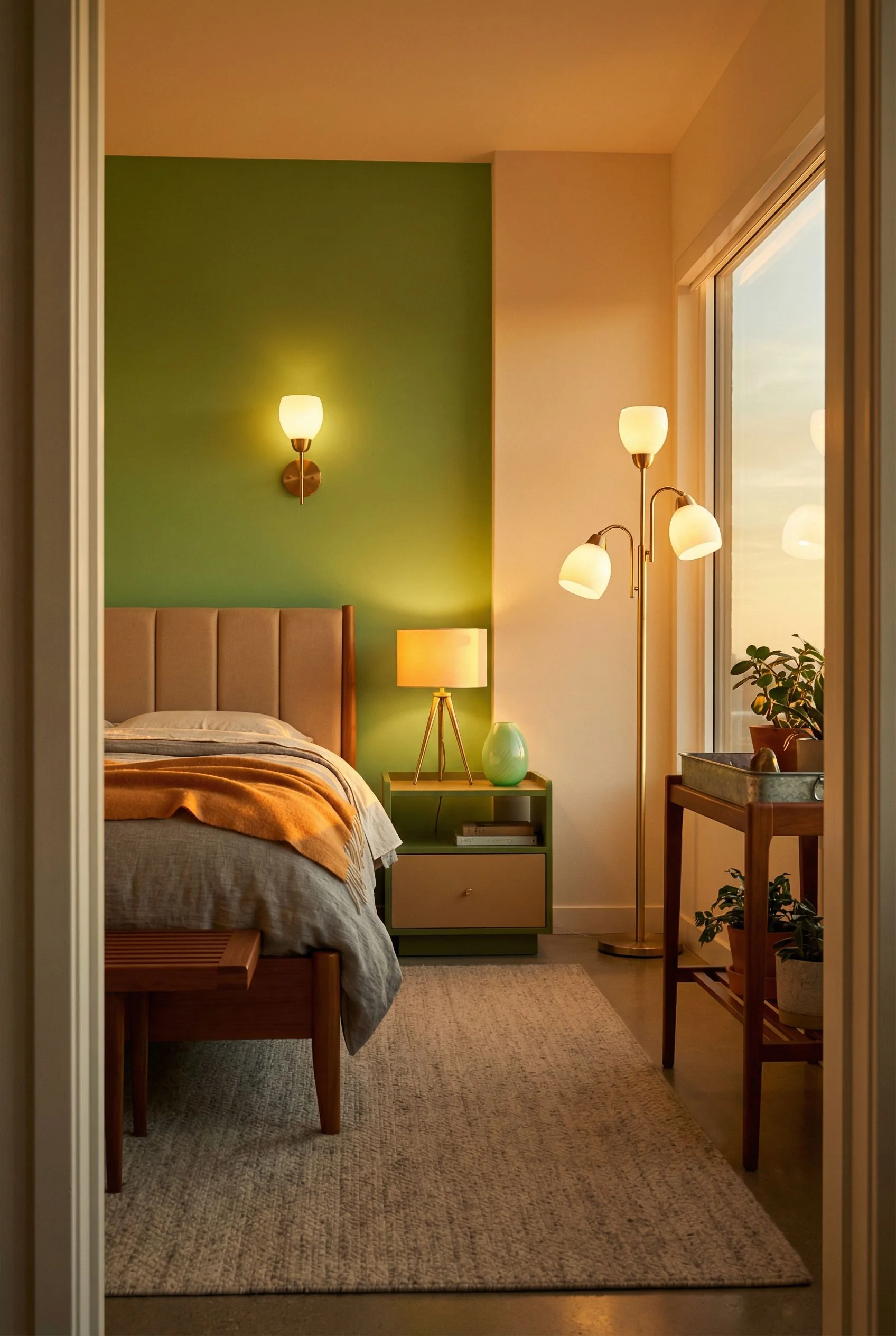 Mid Century Modern Bedroom bedroom lighting featuring Bernhardt Axiom Upholstered Panel Bed with Wooden Footboard 