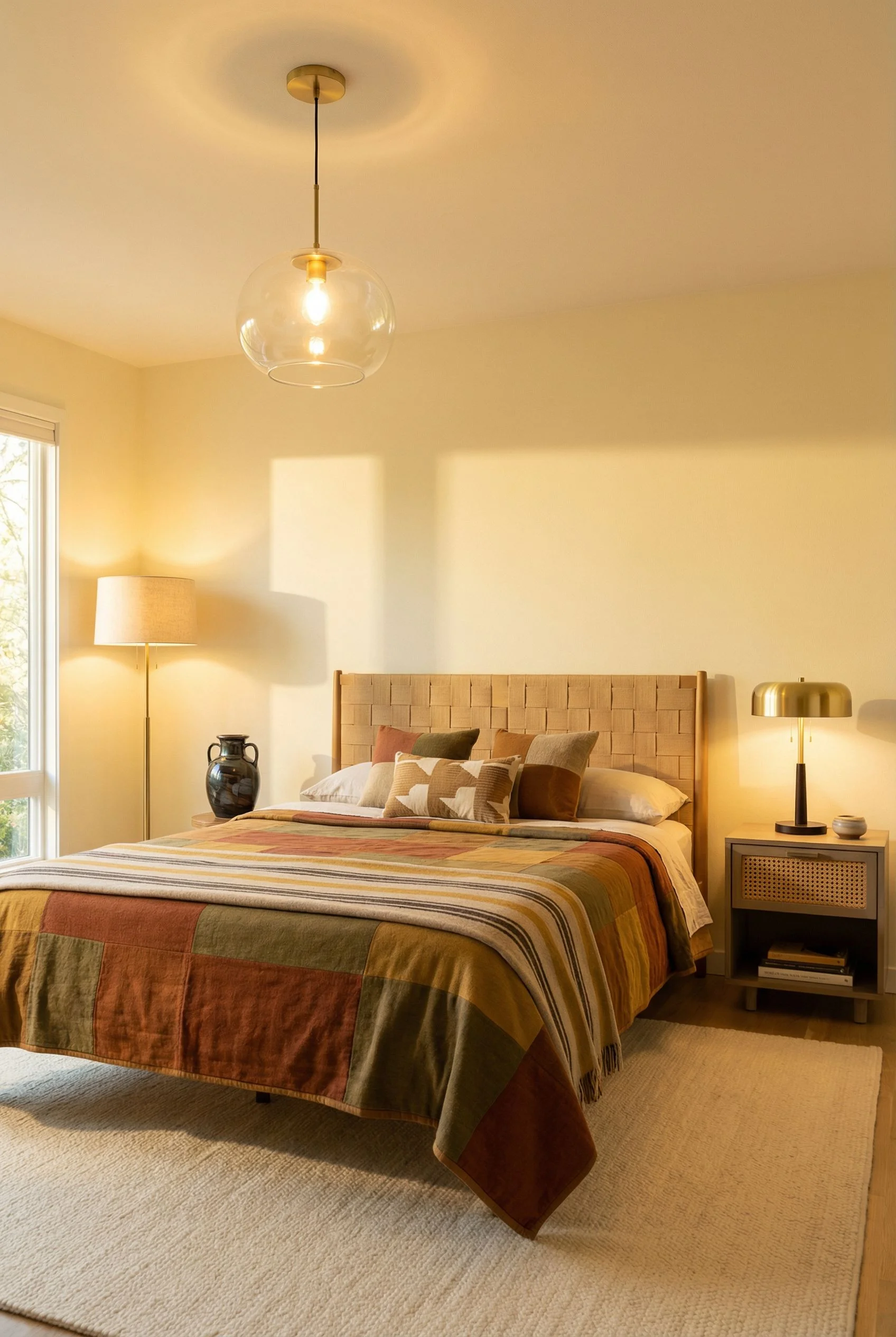 Mid Century Modern Bedroom bedroom lighting featuring Bernhardt Alannis Woven Panel Bed in Tan, Size Queen