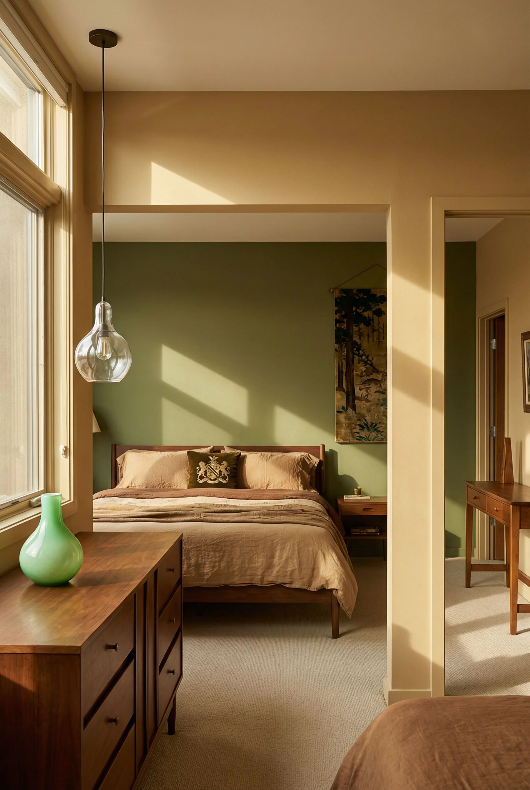 Mid Century Modern Bedroom dark green bedroom featuring Hooker Furniture Driftwood Panel Bed in Brown, Size Californ