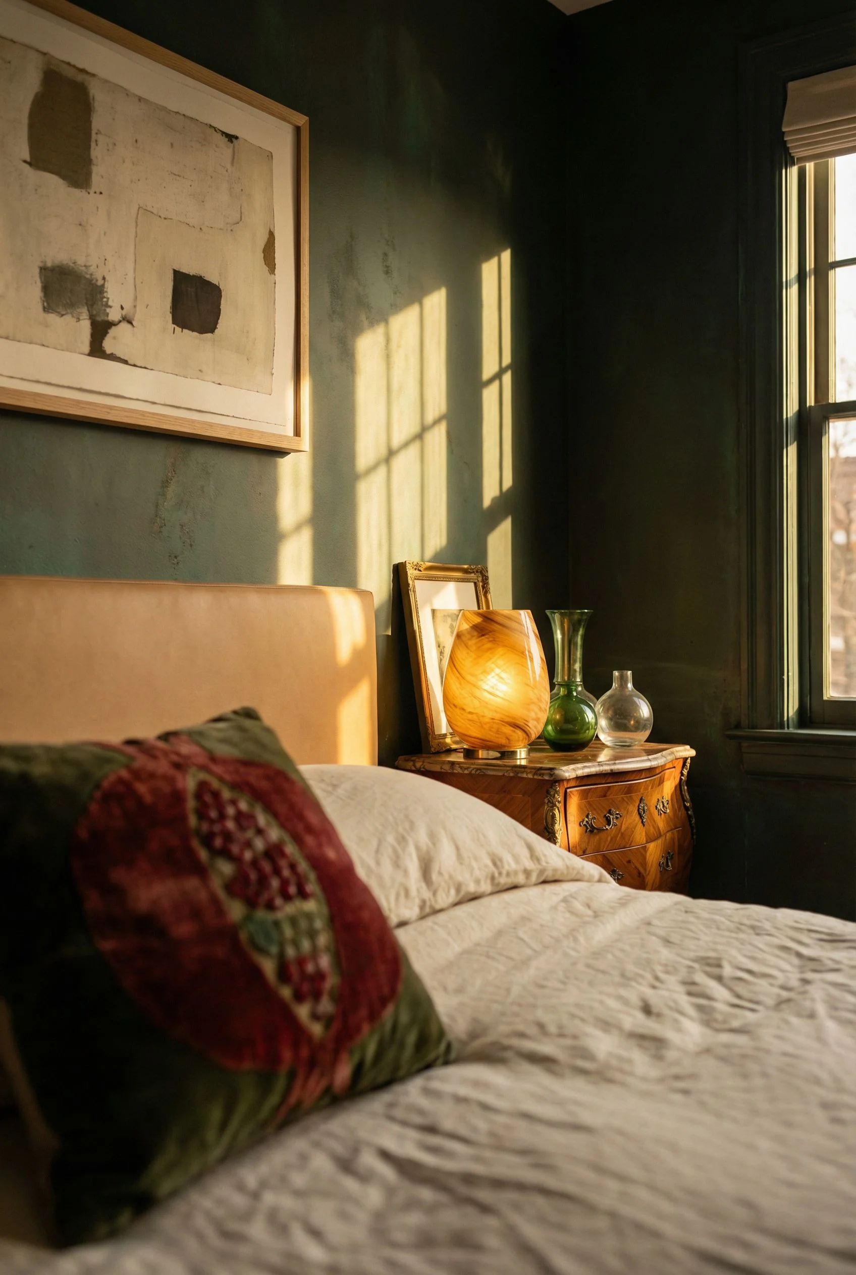 Mid Century Modern Bedroom dark green bedroom featuring Hooker Furniture Driftwood Panel Bed in Tan, Size King