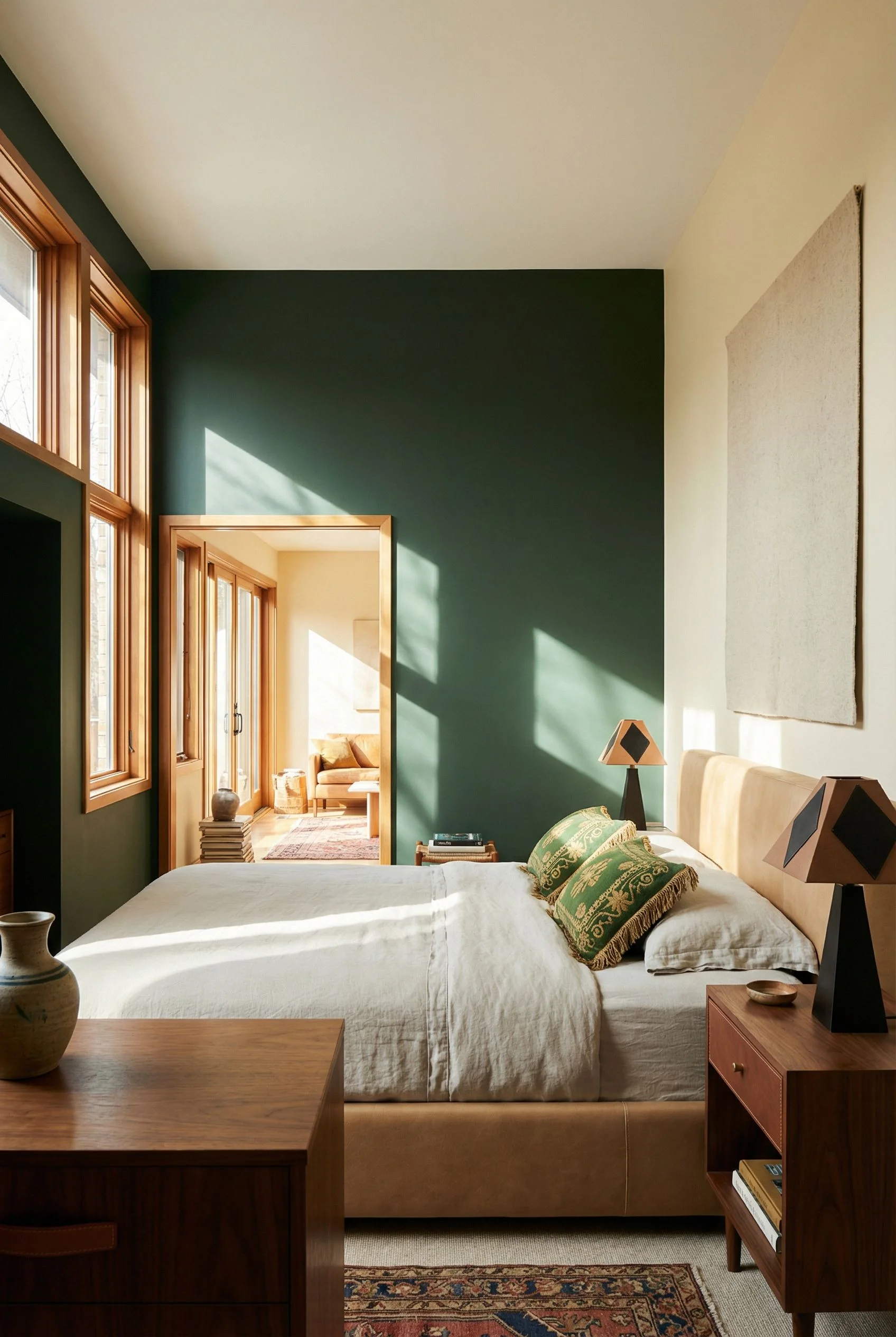 Mid Century Modern Bedroom dark green bedroom featuring Hooker Furniture Driftwood Upholstered Bed in Tan, Size Cali